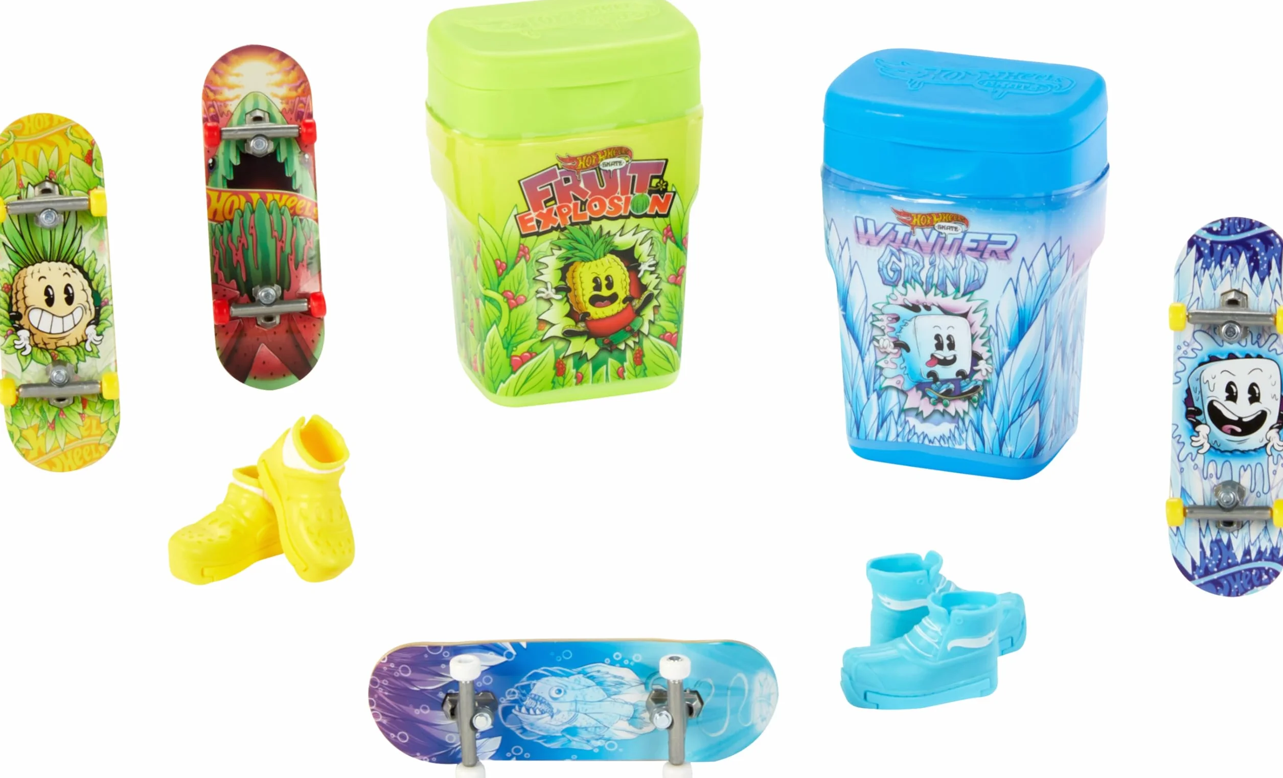 Hot Wheels Skate Skatebox z deskorolkami 2-pak zestawów zawierających 2 wyjątkowe deskorolki i 1 parę butów deskorolkowych w pojemnikach do przenoszenia, HWV21