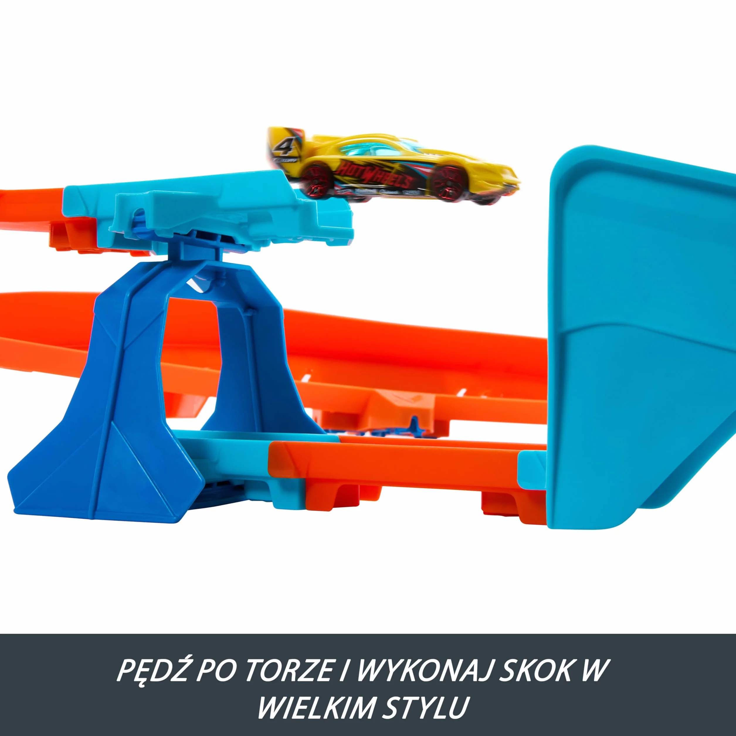 Hot Wheels Track Creator Tor wyścigowy Super skok Zestaw deluxe z przyspieszaczem z napędem + samochód do zabawy w skali 1:64; tor Speed Snap Szybki klik, zabawka dla dzieci 5+, JDB49