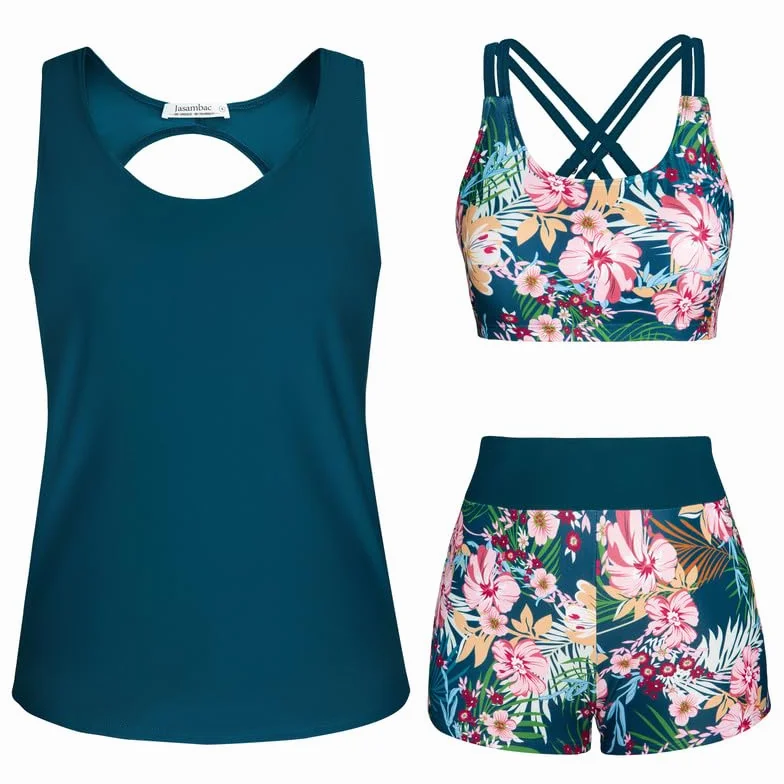 JASAMBAC 3-częściowy damski tankini wyszczuplający brzuch, push up bikini i szorty kąpielowe z wysokim stanem, proste stroje kąpielowe, damski sportowy strój kąpielowy,