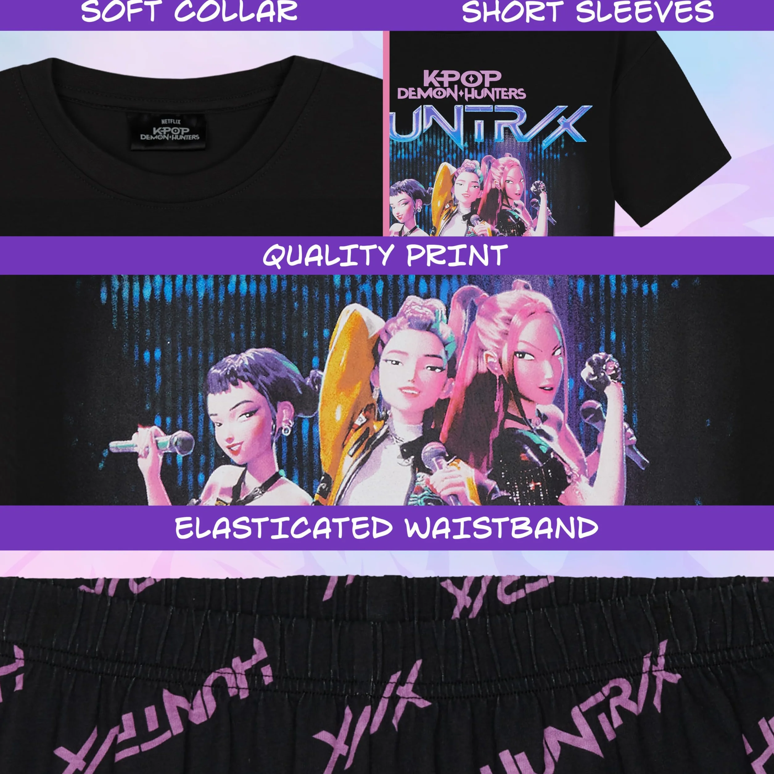 KPop Demon Hunters Oficjalny zestaw piżamy dla dziewcząt, szorty i t-shirt, Huntrix Saja Boys Derpy Tiger, prezent dla dzieci
