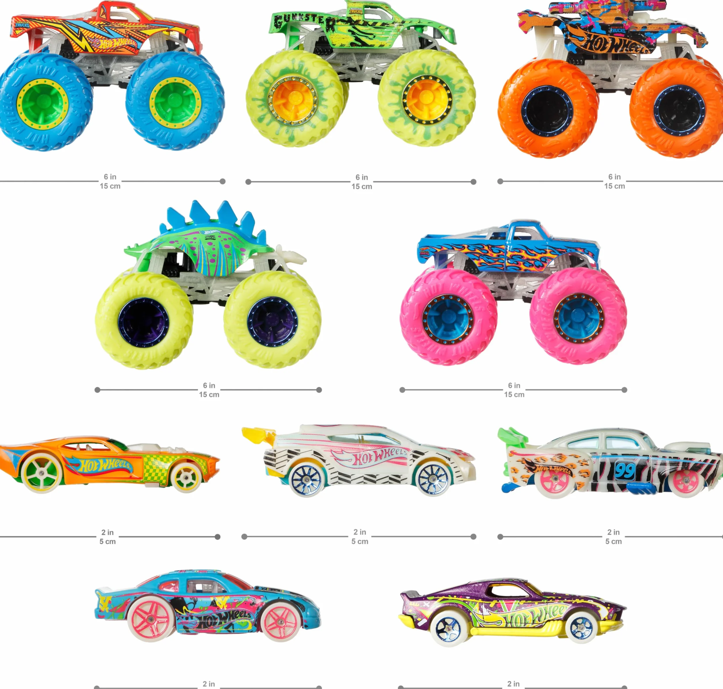 Hot Wheels Monster Trucks - Wielopak Z Efektem Świecenia W Ciemności, 10 pojazdów W Skali 1:64, 5 Monster Trucków i 5 pojazdów Hot Wheels dla Kolekcjonerów i Dzieci, Hcb57
