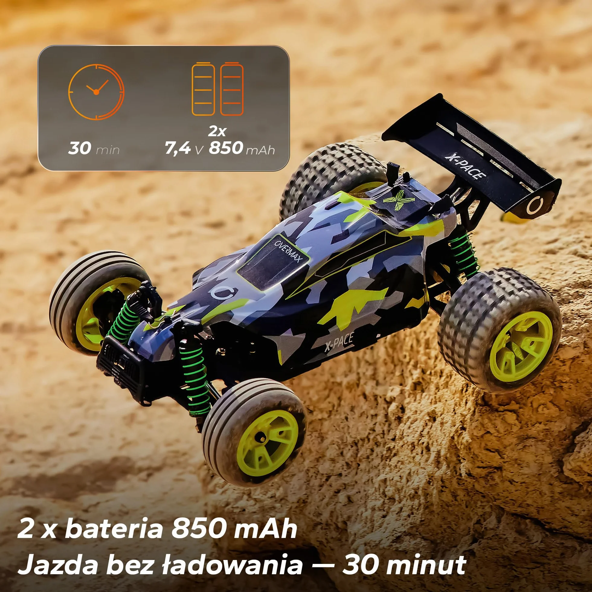 Samochód Zdalnie Sterowany OVERMAX X-Pace 4x4, Skala 1:18, Prędkość 45km/h, Zasięg 100m, Bateria Li-ion 850mAh, LED, Niezależne Zawieszenie, Wyczynowe Opony