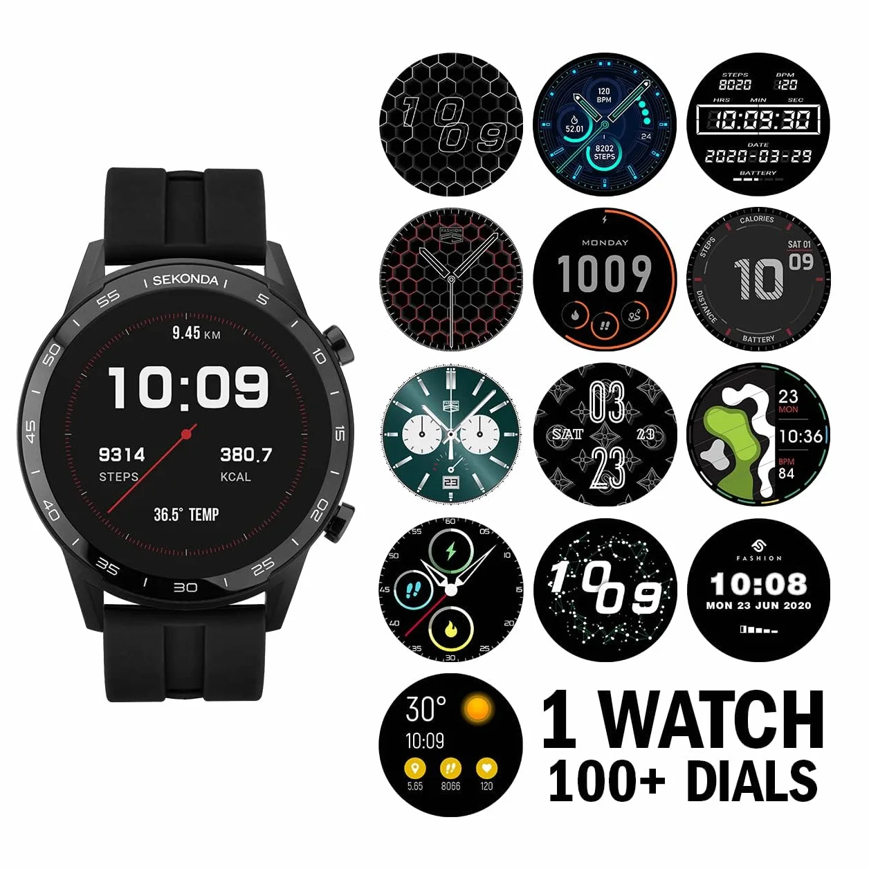 Sekonda Męski smartwatch 45 mm z pulsometrem i monitorem snu, codzienna aktywność, sport, muzyka, funkcja pogody i wiadomości, z gumowym paskiem., Czarny, Casual