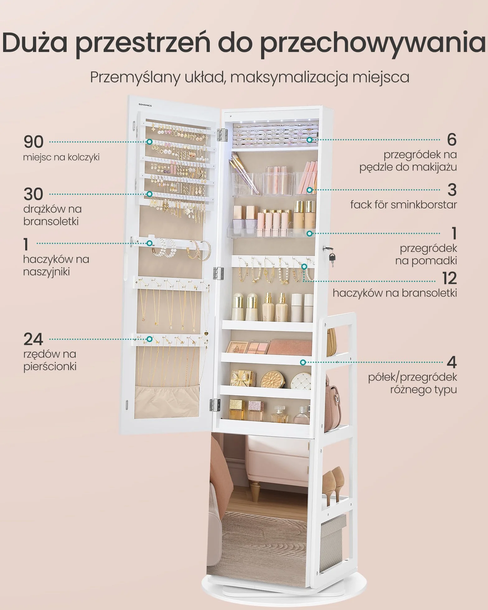 SONGMICS Szafka na biżuterię, przechowywanie biżuterii, pełne lustro, 4 półki do przechowywania, wbudowane oświetlenie, obrót o 360°, do sypialni, garderoby lub przedpokoju, biała chmura JJC027WH01
