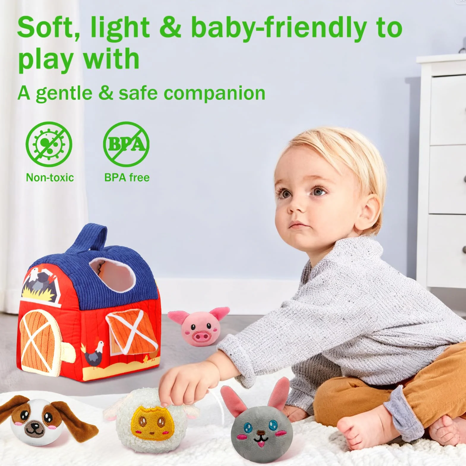 Montessori Zabawka dla niemowląt od 6–12 miesięcy – Materiałowy Domek Farma z 6 Miękkimi Zwierzęcymi Grzechotkami i Lusterkiem, Zabawka Sensoryczna dla Dzieci w wieku 1–3 lat, Prezent na Boże