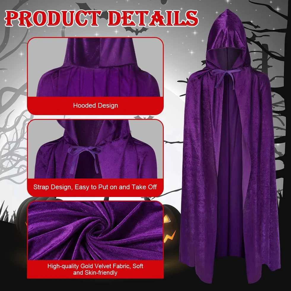 AOOWU Halloweenowa peleryna z kapturem, czarownica, akcesoria do cosplay, kostium dla dzieci, ponury żniwiarz, peleryna, długi płaszcz dla wampira, na Halloween, imprezę rodzinną, fantazyjny kostium,
