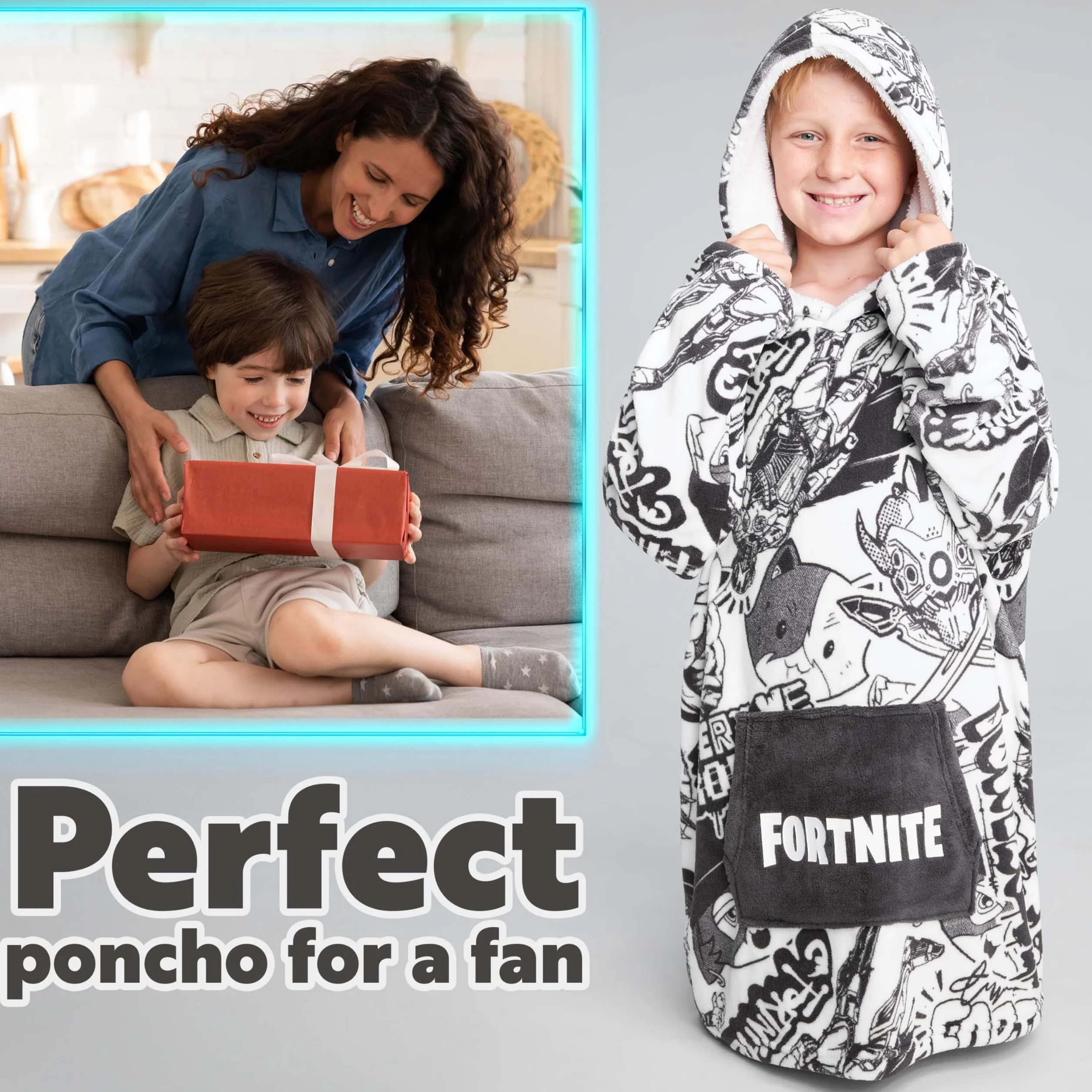 Bluza z kapturem dla dzieci Fortnite, bardzo duży rozmiar, miły koc z rękawami, ciepły polar, bluza dla graczy, przenośny koc z rękawami, szary, jeden rozmiar
