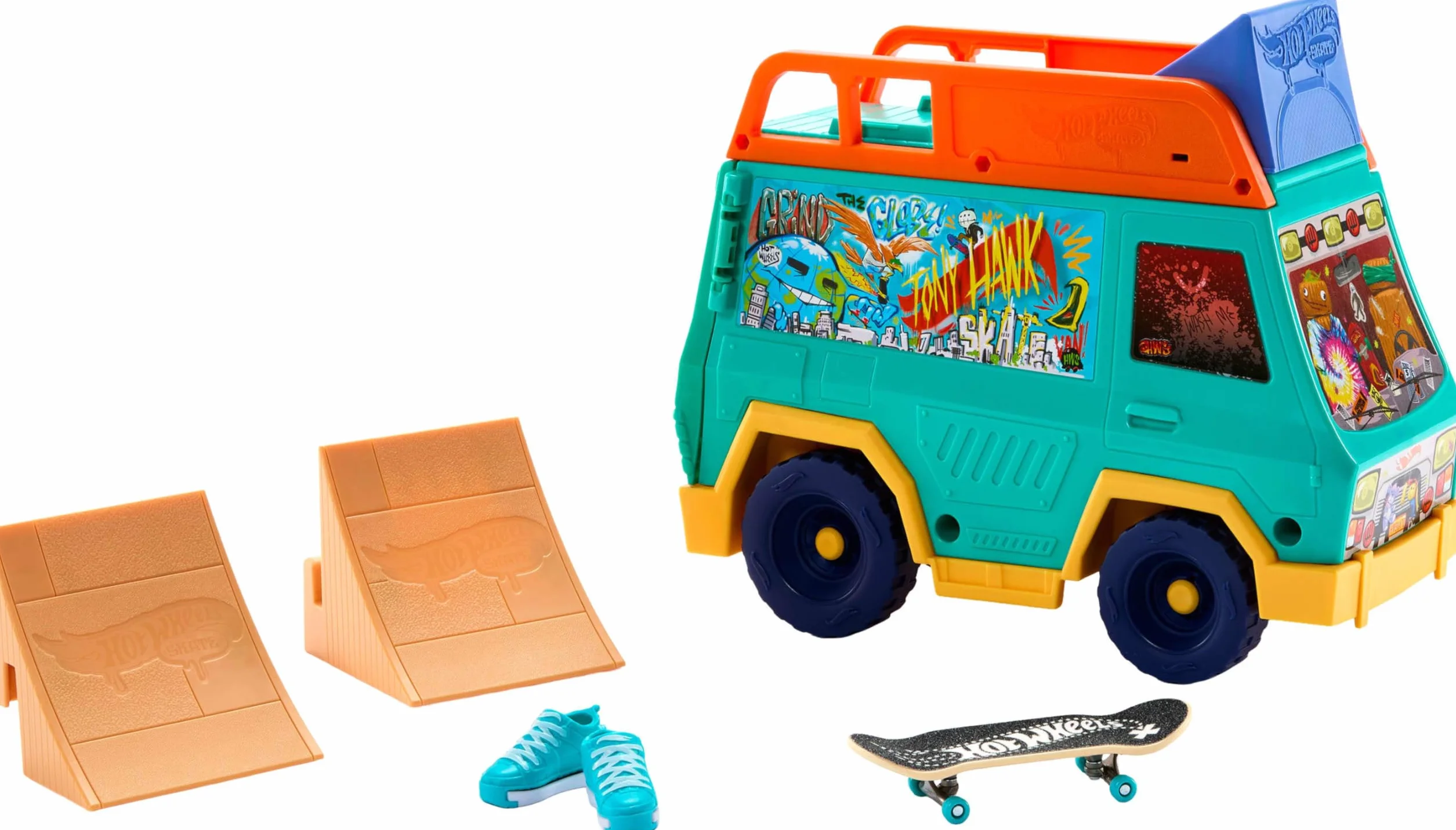 Hot Wheels Skate Van Pojazd i zestaw do zabawy 2 w 1 zaprojektowany we współpracy z Tonym Hawkiem, z wyjątkową deskorolką do jazdy palcami i parą butów na palce, zabawka dla dzieci, JGG91