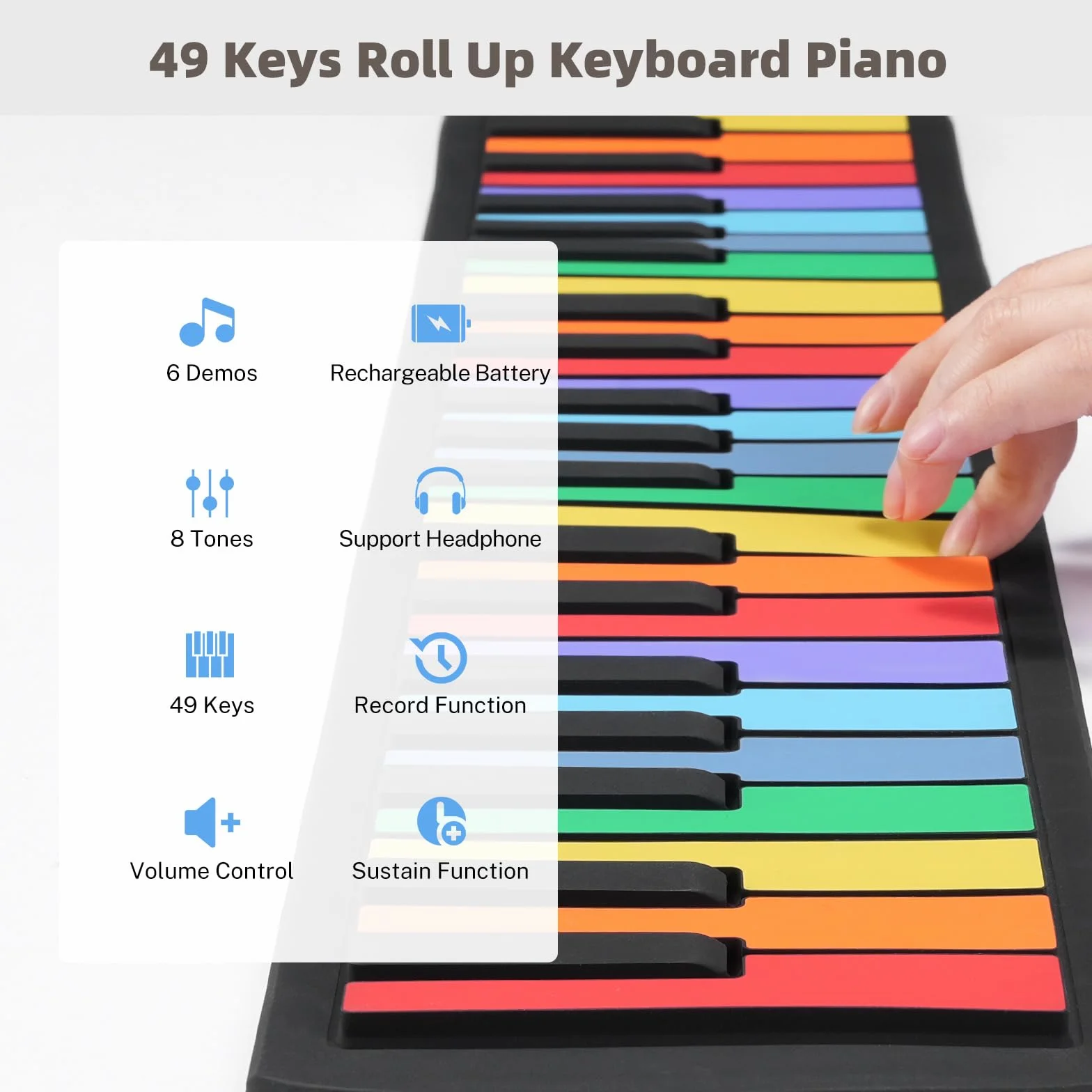 POGOLAB Składane pianino z 49 klawiszami, dla dzieci, początkujących, tęczowe elektroniczne keyboardy z 8 tonami, 6 demo, wielokrotnego ładowania, silikonowe, mini pianino z trybem nagrywania, M02293