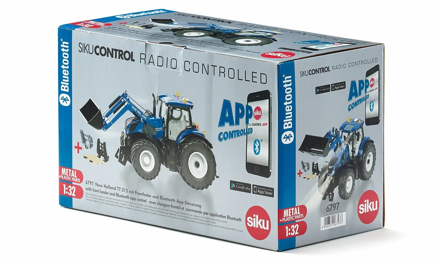 Siku 6797, New Holland T7.315 Traktor z ładowaczem czołowym, Niebieski, Metal,Tworzywo sztuczne, 1:32, Zdalnie sterowany, Bez pilota zdalnego sterowania, Możliwość sterowania przez aplikację