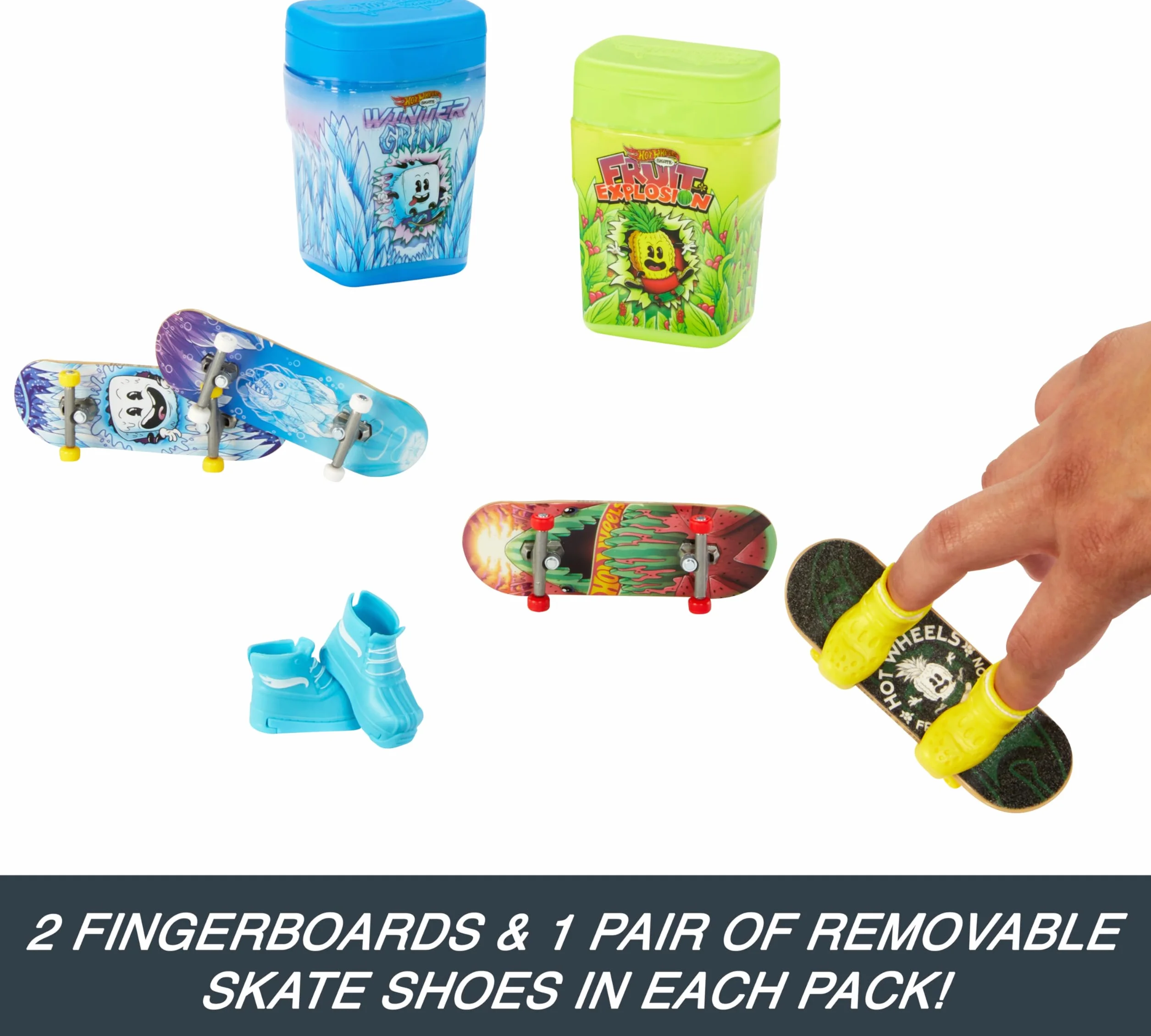 Hot Wheels Skate Skatebox z deskorolkami 2-pak zestawów zawierających 2 wyjątkowe deskorolki i 1 parę butów deskorolkowych w pojemnikach do przenoszenia, HWV21