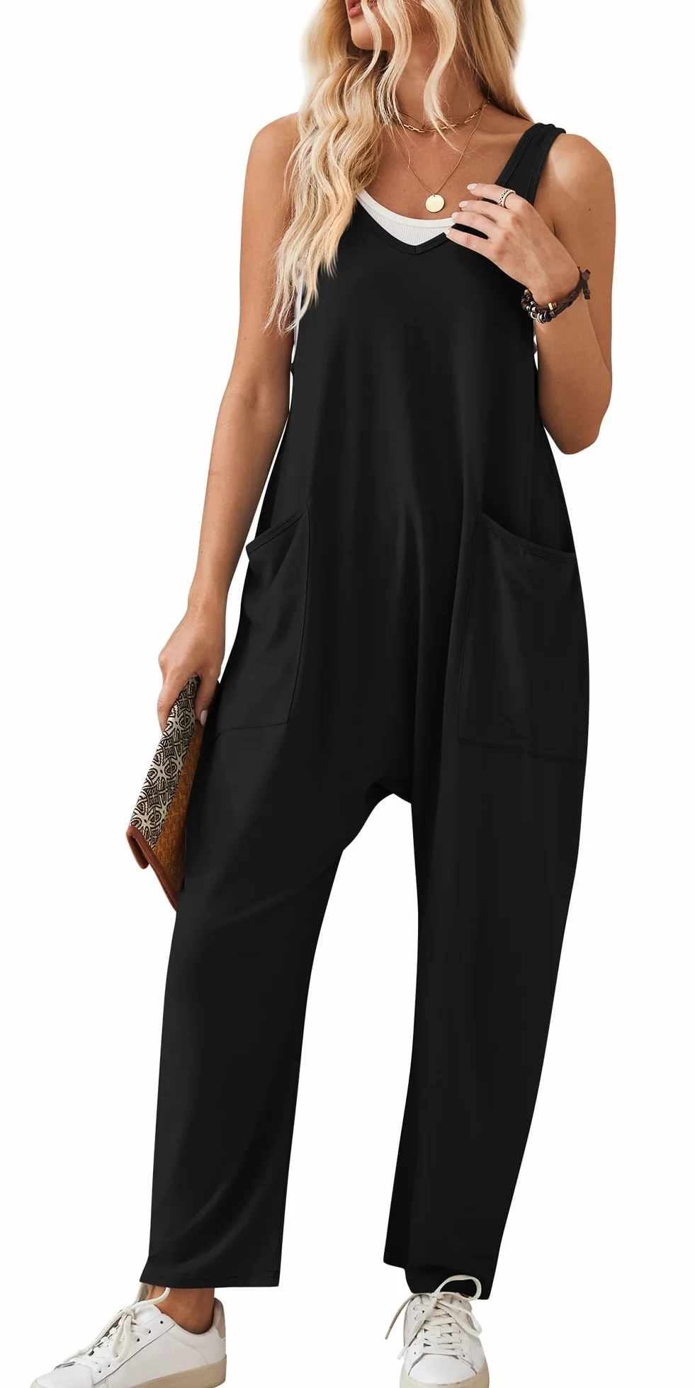 Panegy Damskie dzianinowe kombinezony na szelkach na co dzień workowate ogrodniczki bez rękawów z paskami pajacyki z kieszeniami luźne bawełniane spodnie na szelkach kombinezony