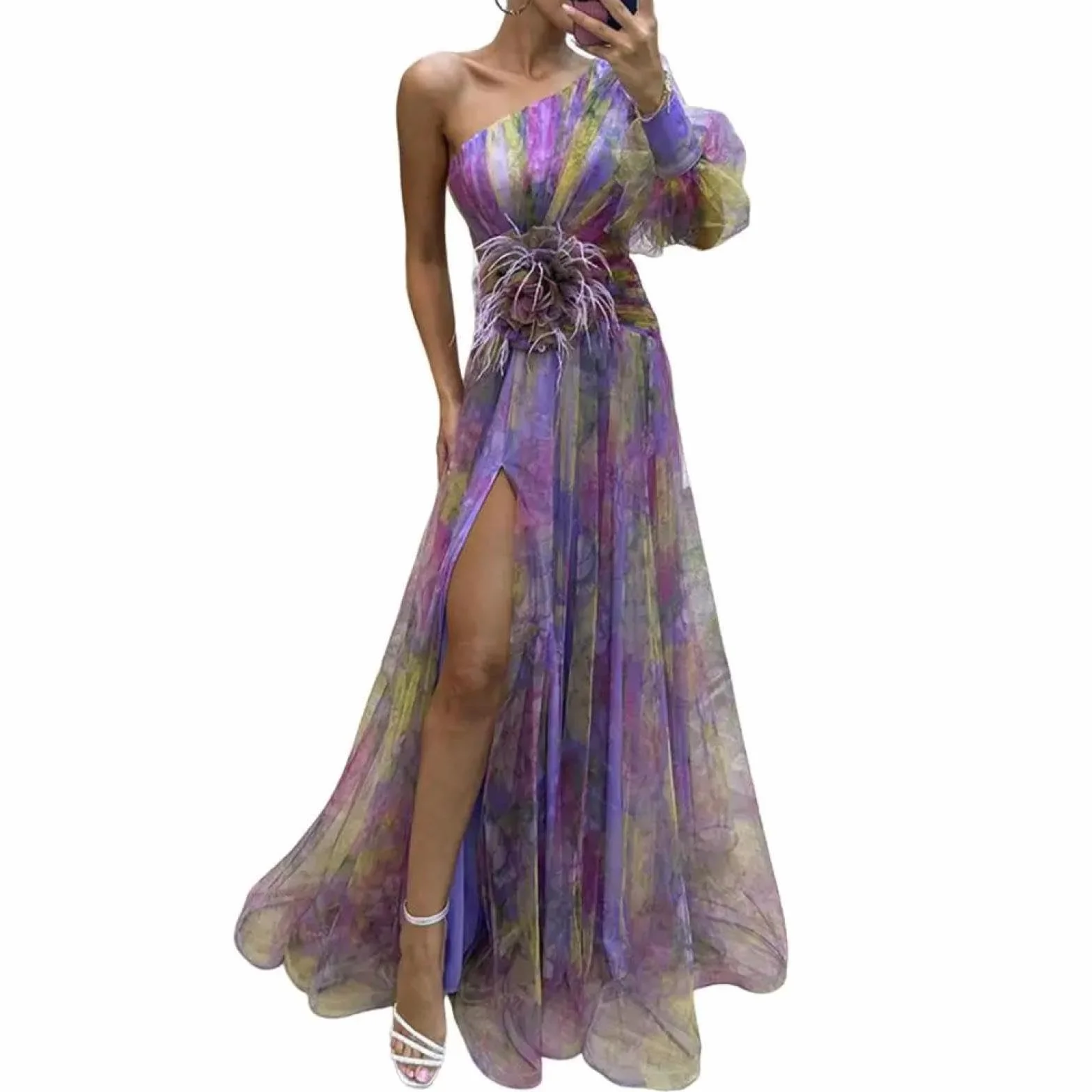Sukienki dla kobiet elegancka damska suknia wieczorowa na jedno ramię warstwowa tie-dye nadruk kwiatowy róża siatka podzielony brzeg suknia balowa sukienka
