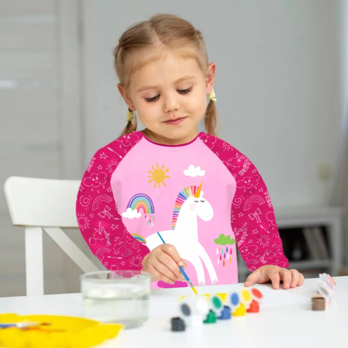 Fartuch malarski dla dzieci w wieku 3-8 lat, fartuch malarski, dla dzieci, z 3 kieszeniami, fartuch malarski, szkoła 1, klasa dziewczynki, długość 58 cm