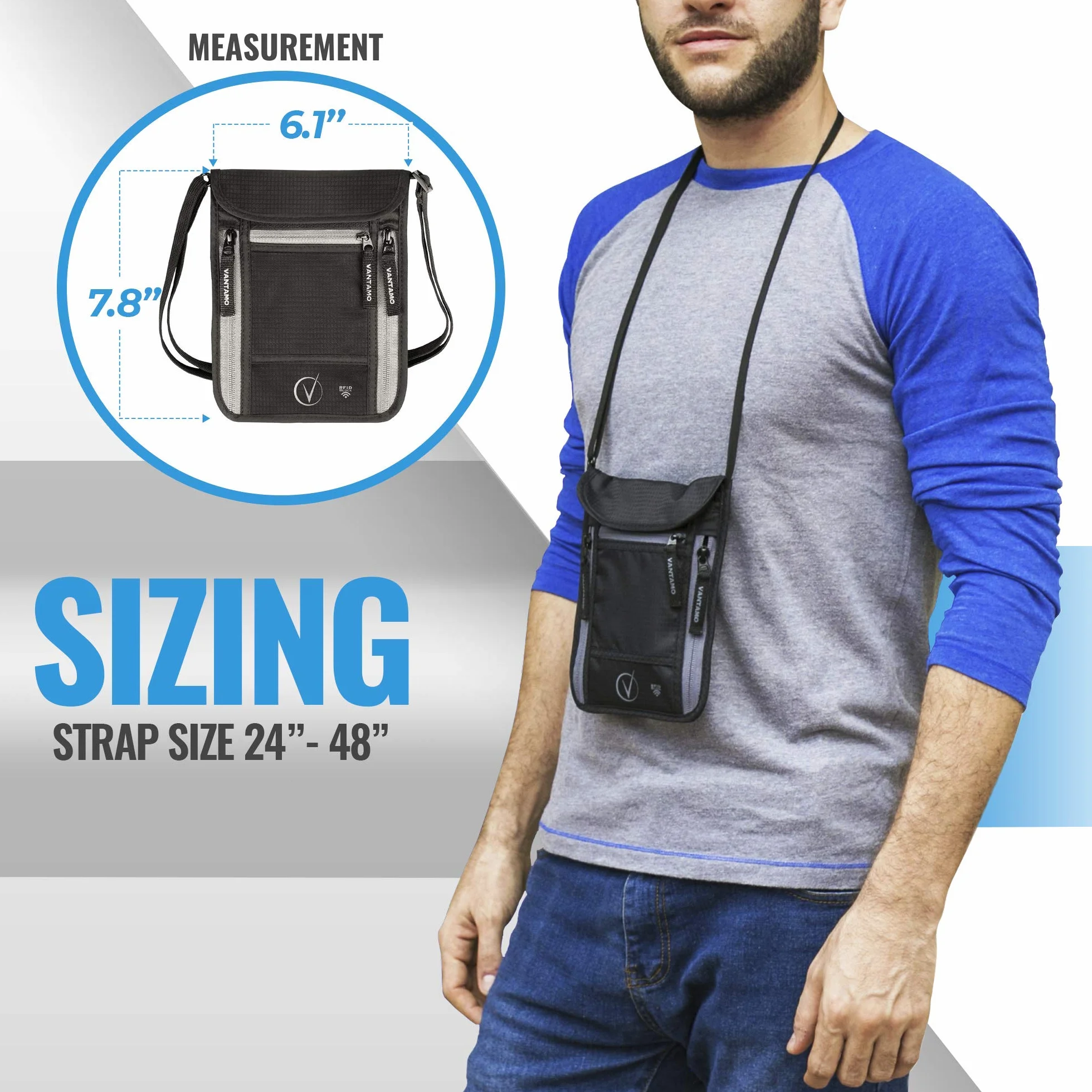 VANTAMO Portfel podróżny, choker, ochrona RFID, pokrowiec na paszport, z metką bagażową dla mężczyzn i kobiet (elegancko-czarna/szara), Elegancki czarny/szary, Regular