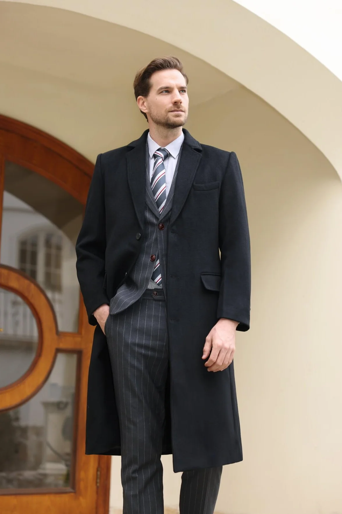 Allthemen Płaszcz męski, długi płaszcz zimowy, płaszcz wełniany, płaszcz męski, krój slim fit, wykładany płaszcz, biznesowy