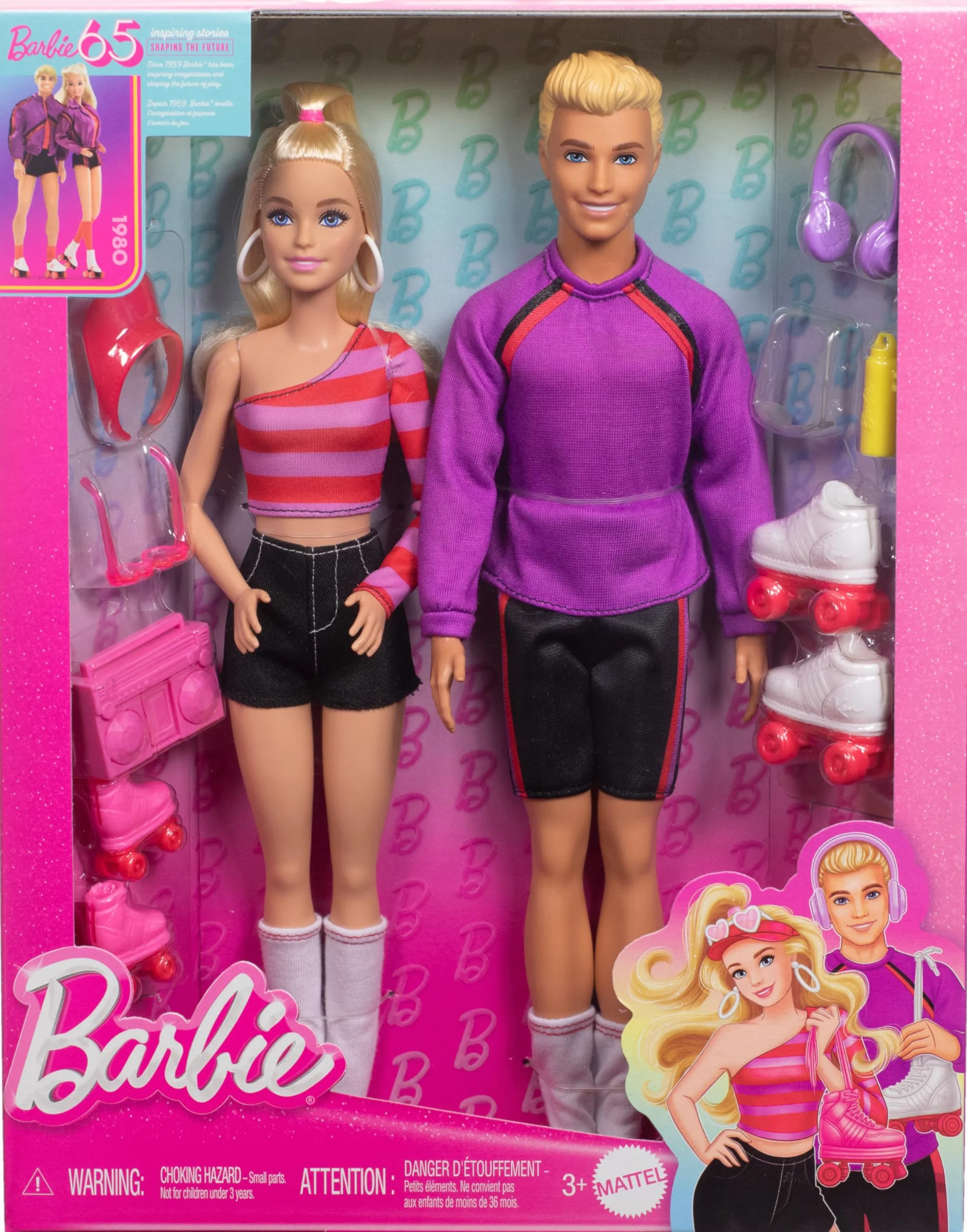Barbie Fashionistas Barbie i Ken na wrotkach 65 rocznica Zestaw z 2 lalkami i 6 akcesoriami, HXK90