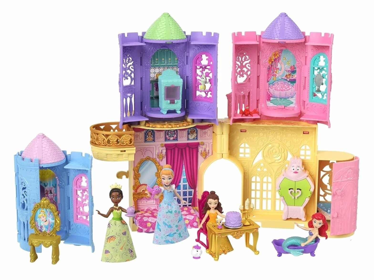 Mattel Disney Princess Tower Surprise Małe lalki i akcesoria, zestawy do układania w stos z 4 niespodziankami i przyjacielem z filmu Disneya (style mogą się różnić)
