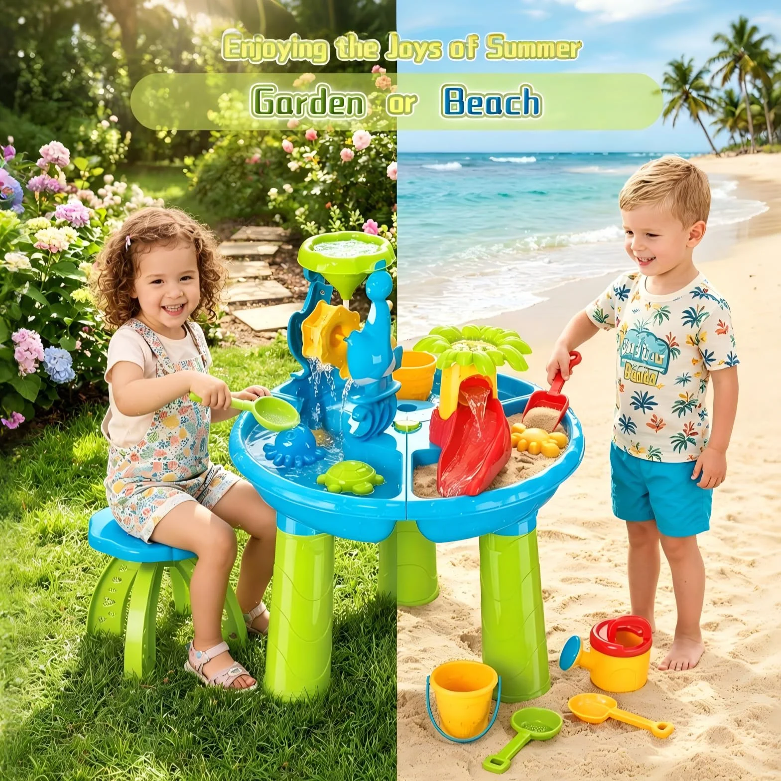 deAO Stół do zabawy wodnego 4 w 1, stół wodny dla dzieci, do użytku na zewnątrz, w zestawie forma do piasku, szufla, konewka, aktywność sensory play, stół do wody, zabawka dla dzieci od 2, 3, 4 lat,