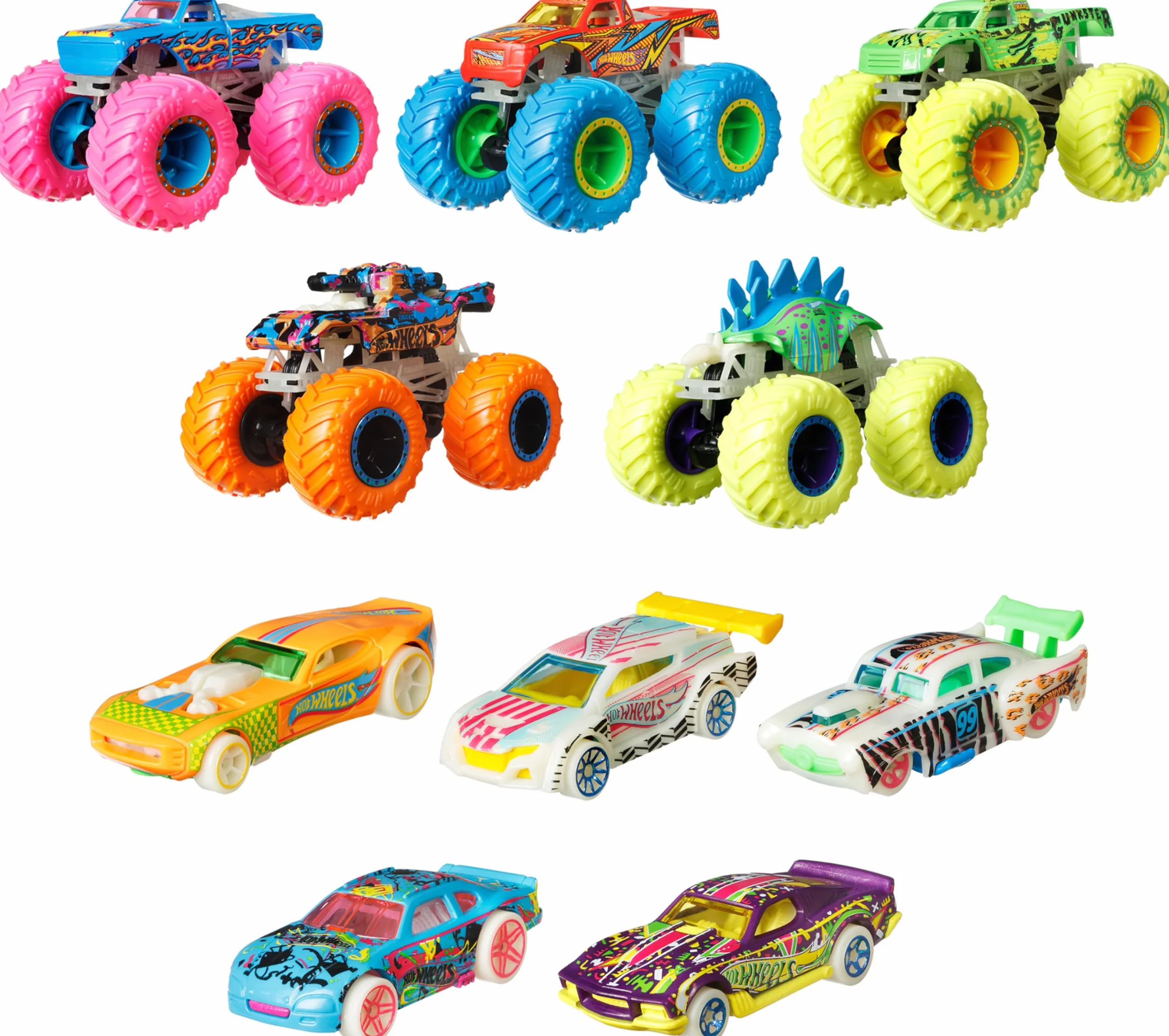 Hot Wheels Monster Trucks - Wielopak Z Efektem Świecenia W Ciemności, 10 pojazdów W Skali 1:64, 5 Monster Trucków i 5 pojazdów Hot Wheels dla Kolekcjonerów i Dzieci, Hcb57