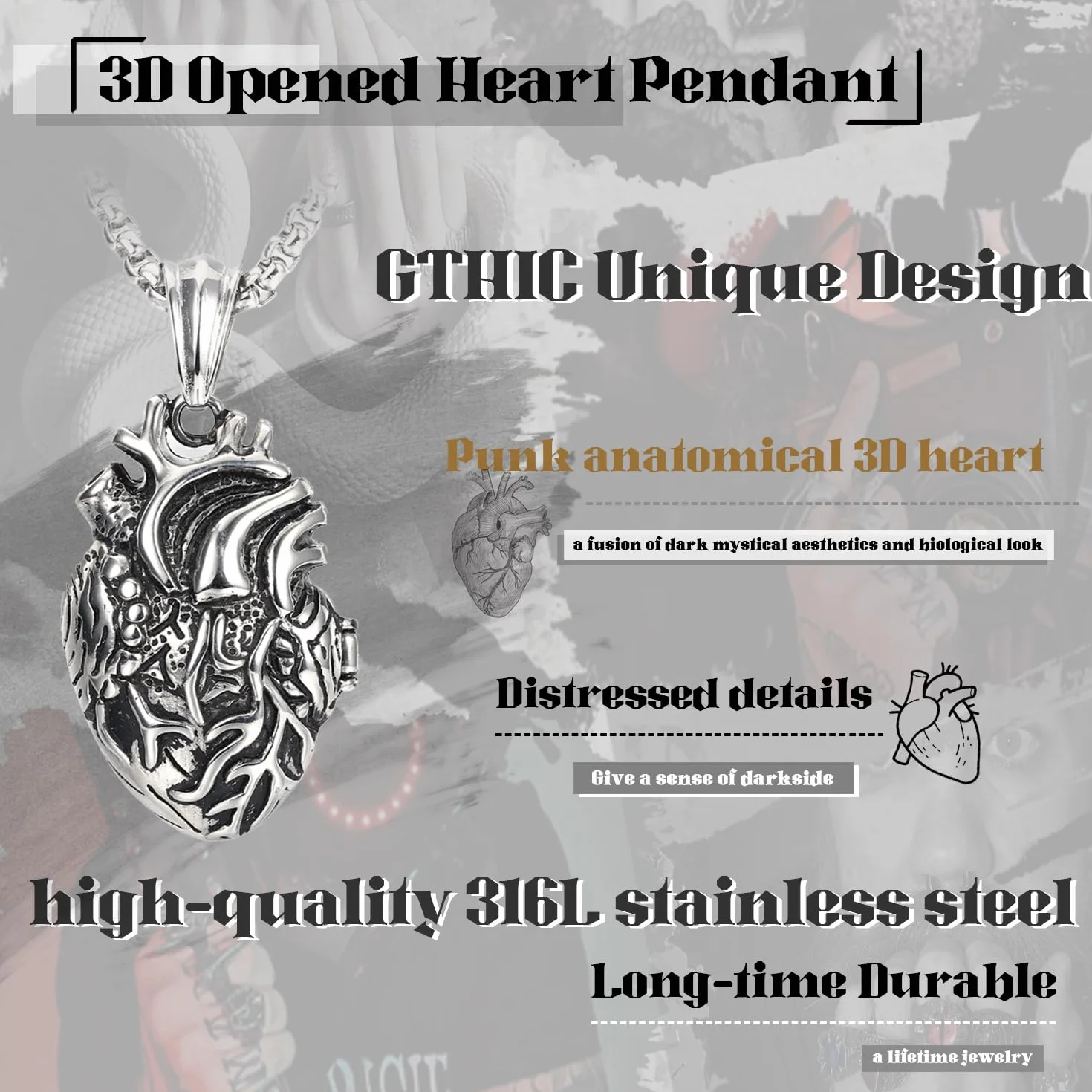 GTHIC Stal nierdzewna punkowa anatomiczna 3D otwarte serce wisiorek dla mężczyzn i kobiet, mały, duży, anatomiczny łańcuszek na szyję w kolorze srebrnym, czarnym, złotym z łańcuszkiem