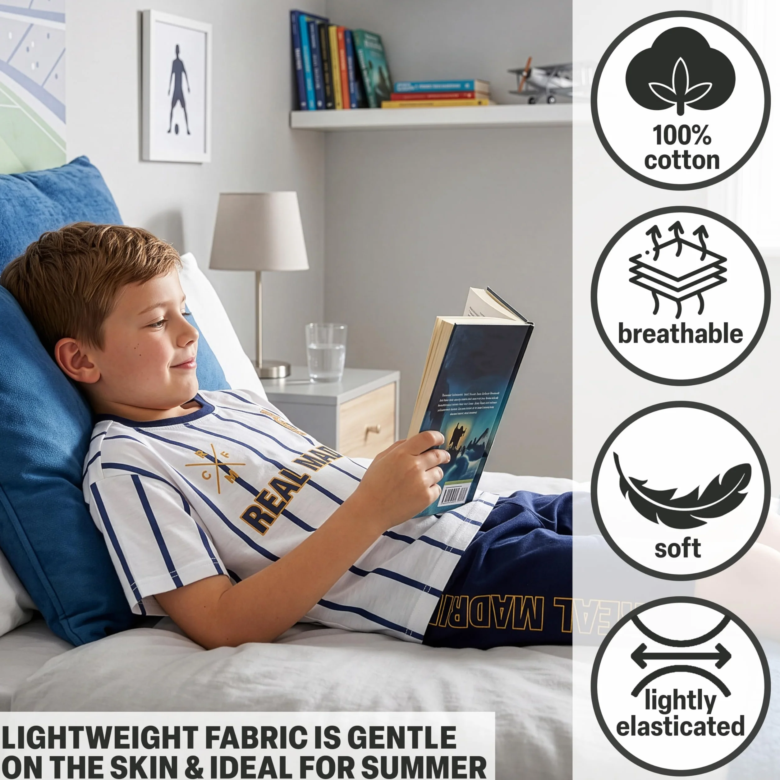 Get Trend Real Madryt | FC Barcelona Piżama chłopięca Letni zestaw chłopięcy T-shirt z krótkim rękawem i szorty 100% bawełna, bielizna nocna, prezent piłkarski