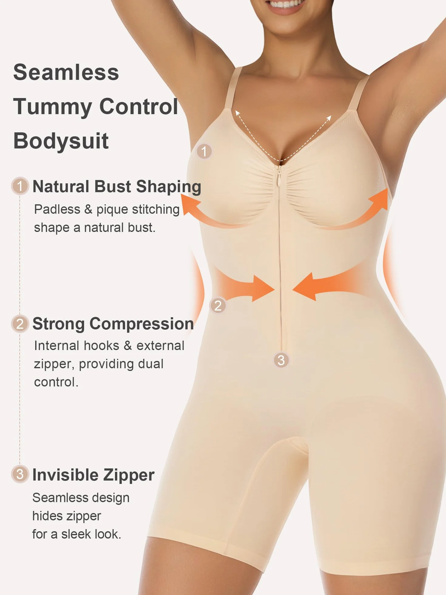 SHAPERX Damska bielizna modelująca body kontrola brzucha bezszwowa zapinana na zamek błyskawiczny modelująca sylwetkę talii