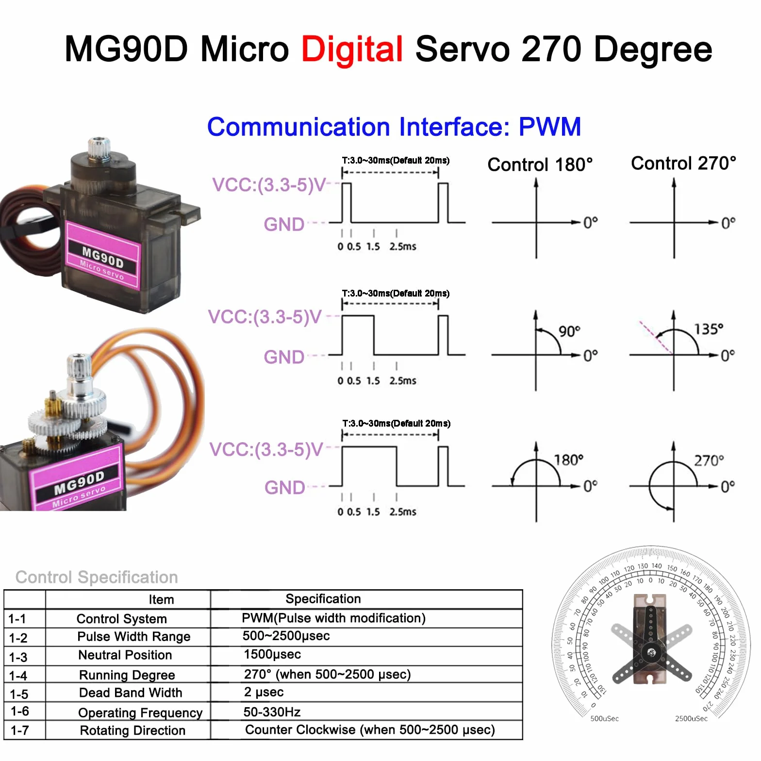 4-pak MG90D mini serwo 9g cyfrowy mikro RC Full Metal Gear 270 stopni SG90 Mini Servo Motor Ulepszony dla Arduino RC Smart Car Robot Arm 450 Samolot Łódź DIY PWM500-2500 (kąt