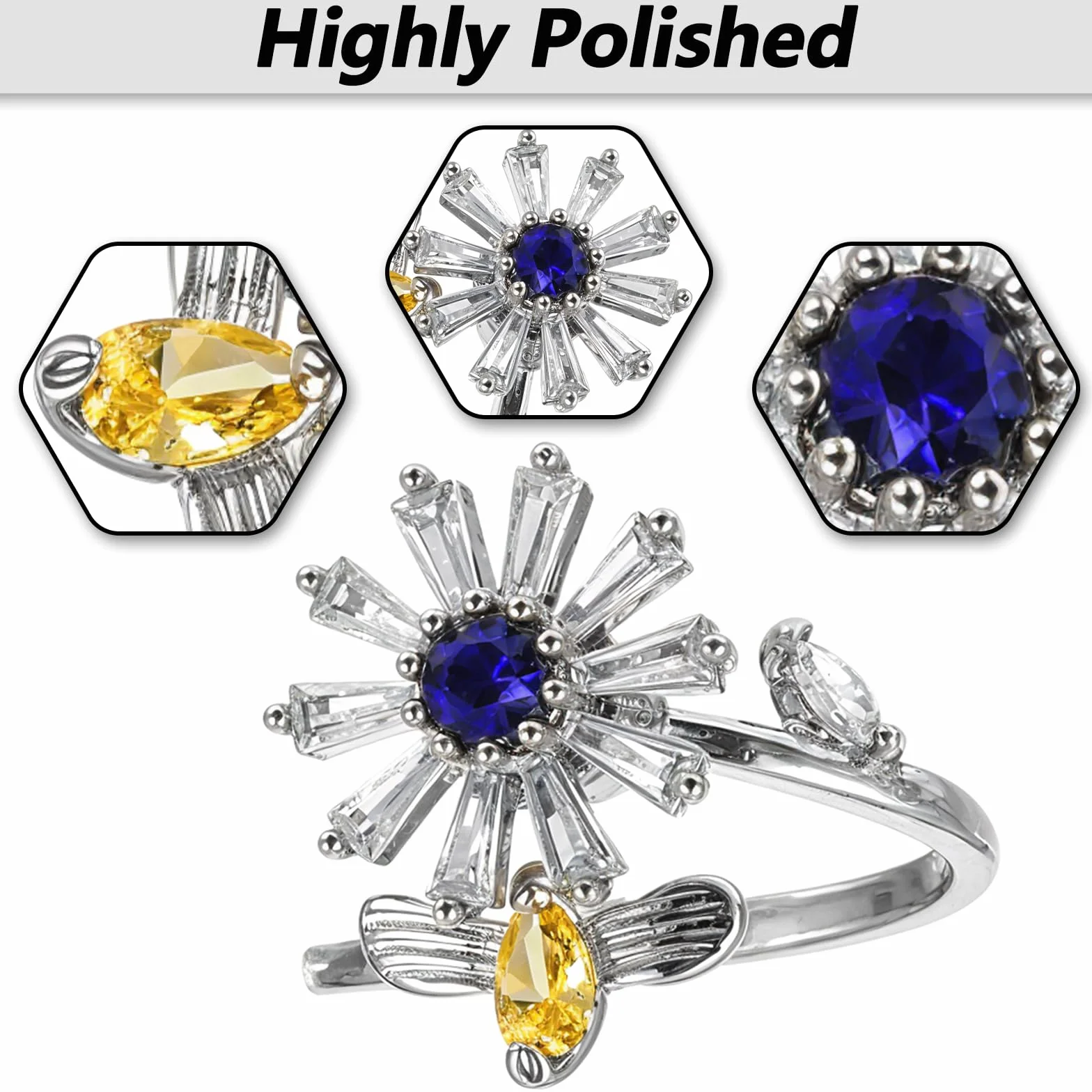 6 sztuk pierścionków antystresowych spinningowych, srebrne otwarte pierścienie ze stali nierdzewnej, pierścienie fidget antystresowe, regulowane, możliwość układania w stos, z cyrkoniami
