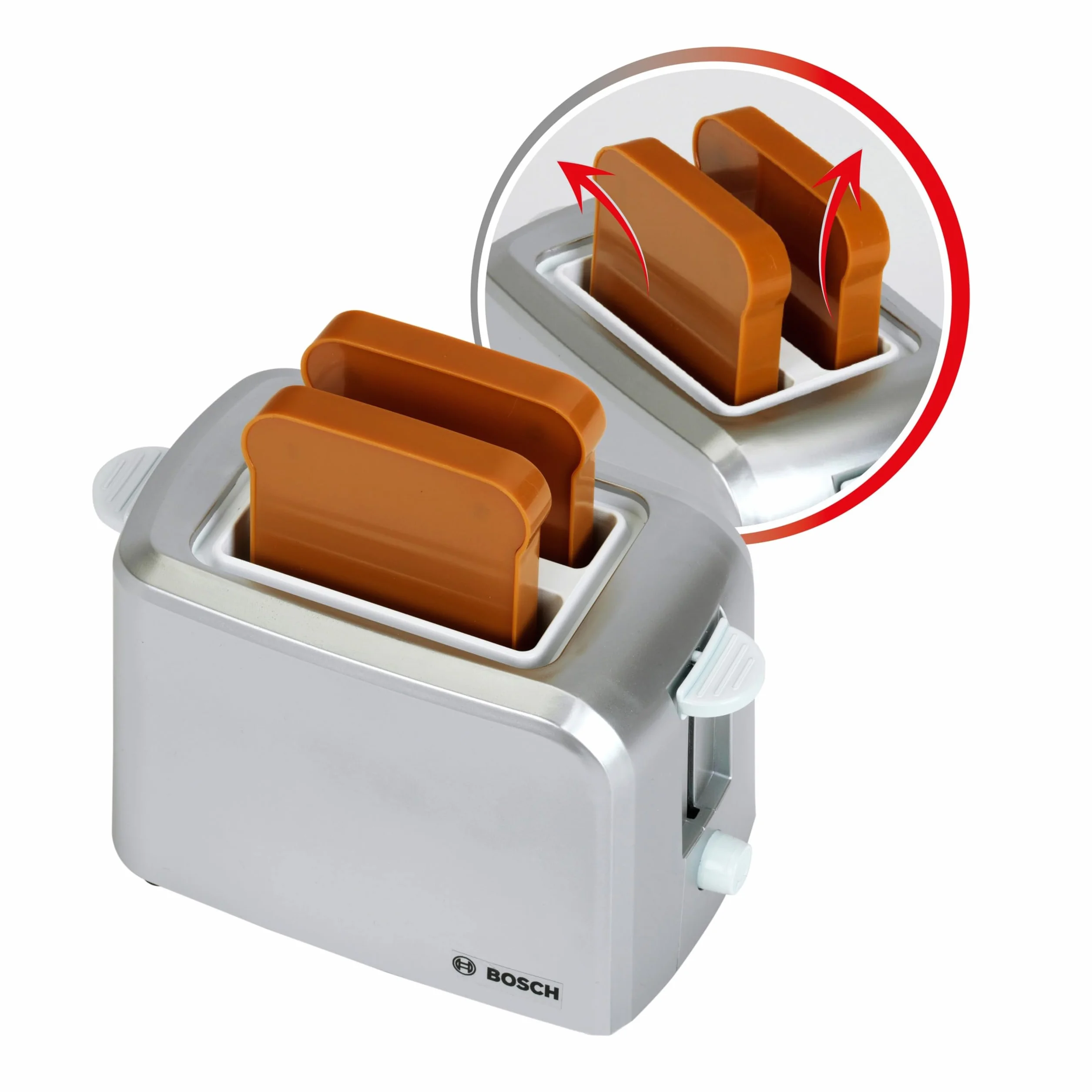 Theo Klein 9210 Bosch Toster z funkcj mechanicznego opiekania I W zestawie 2 zabawkowe tosty I Wymiary: 15 cm x 12 cm x 10,5 cm I Zabawki do dzieci od 3. roku ycia