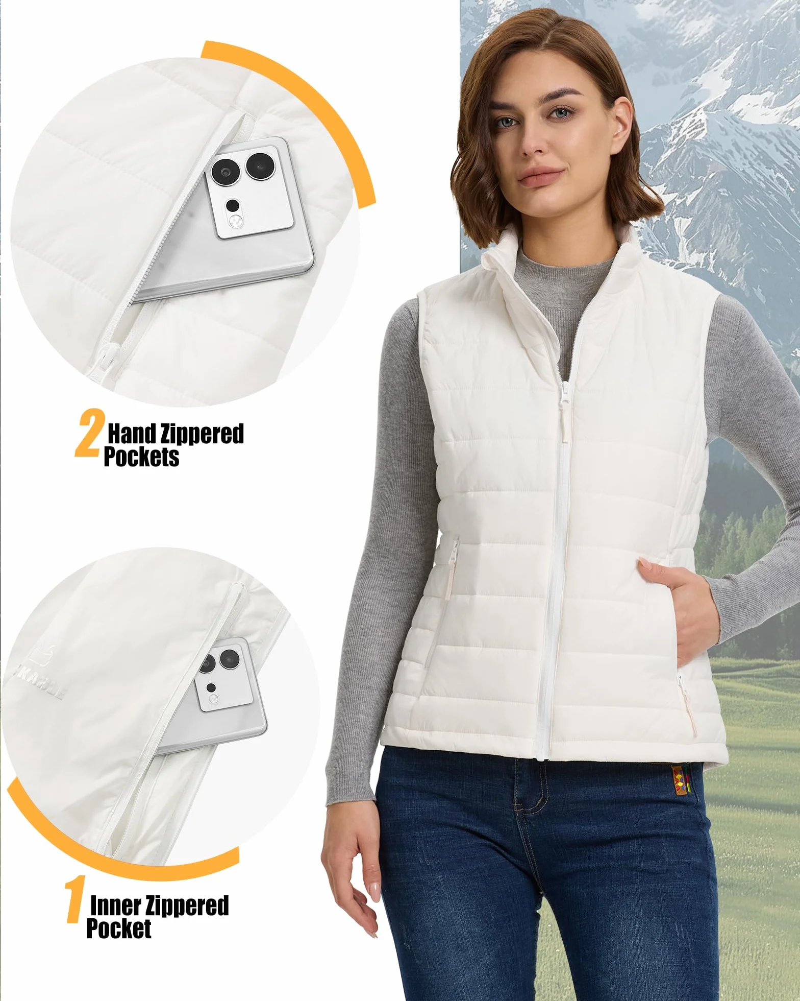 Outdoor Ventures Damska pikowana kamizelka, pakowana, przejściowa, z podszewką, hybrydowa kamizelka sportowa, ciepła, ciepła kamizelka rowerowa ze stójką, na wędrówki, kemping
