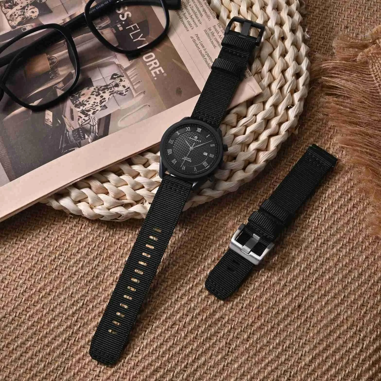 ANNEFIT Nylonowy pasek do zegarka dla mężczyzn, 18 mm, 19 mm, 20 mm, 22 mm, 24 mm, szybkie odpinanie, wojskowy pasek do zegarka z wytrzymałą klamrą ze stali nierdzewnej
