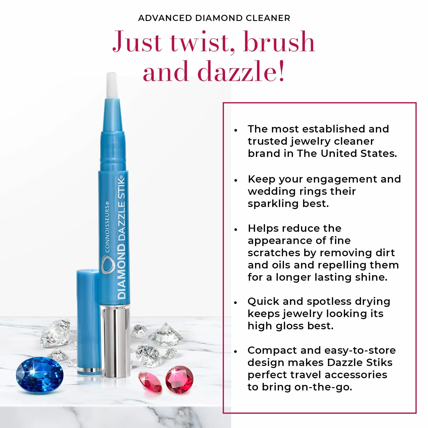Connoisseurs Środek do czyszczenia biżuterii Diamond Dazzle Stik, środek czyszczący do biżuterii Sparkle & Shine, końcówka pędzla i kompaktowy do diamentów i kamieni szlachetnych (diamentowy sztyft