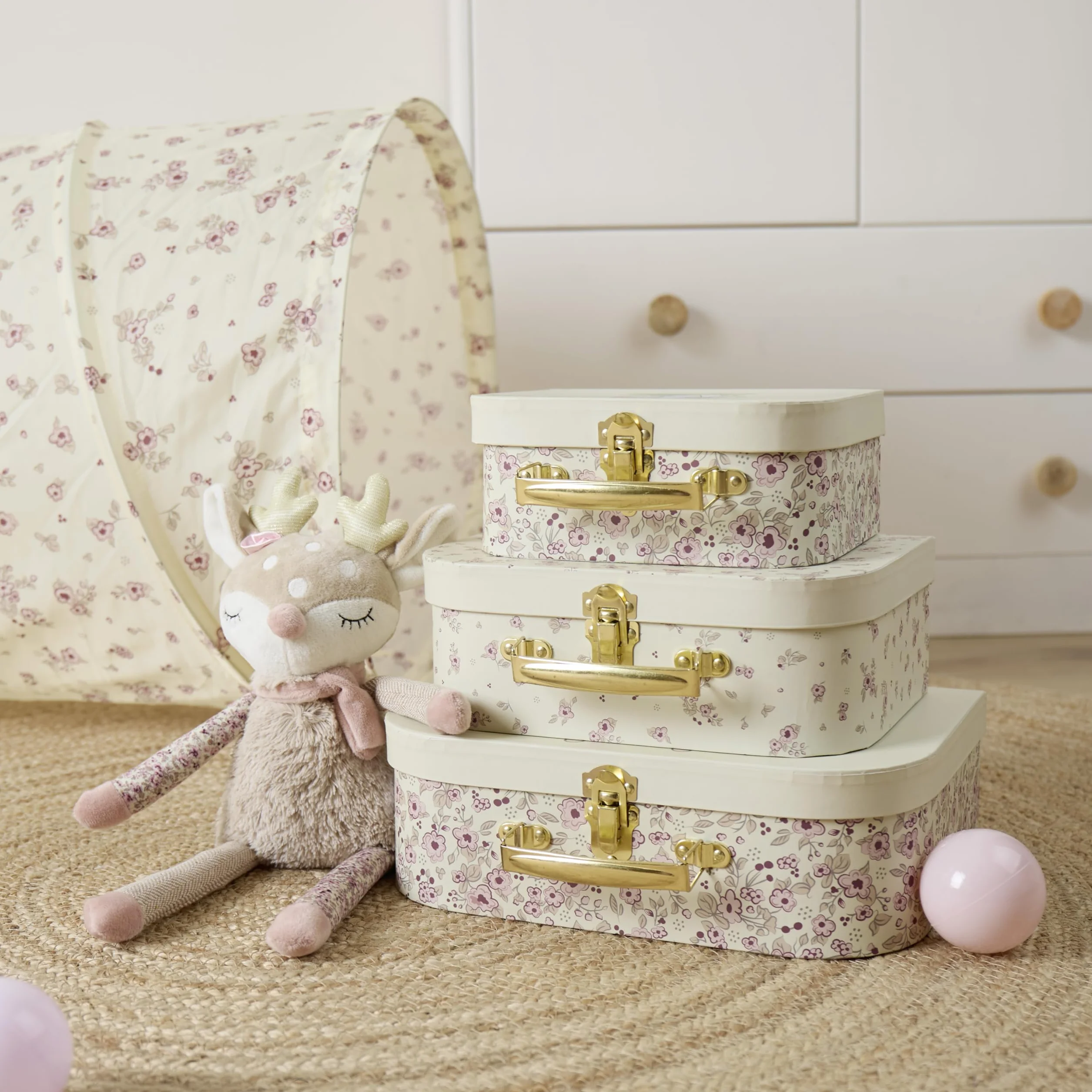 Bieco Ella Vintage Flowers zestaw 3 walizek dla dzieci, metalowe uchwyty, mini walizka na prezent, mała walizka dla dzieci, walizka na zabawki, dekoracyjna walizka z kartonu, mini, Vintage Flowers