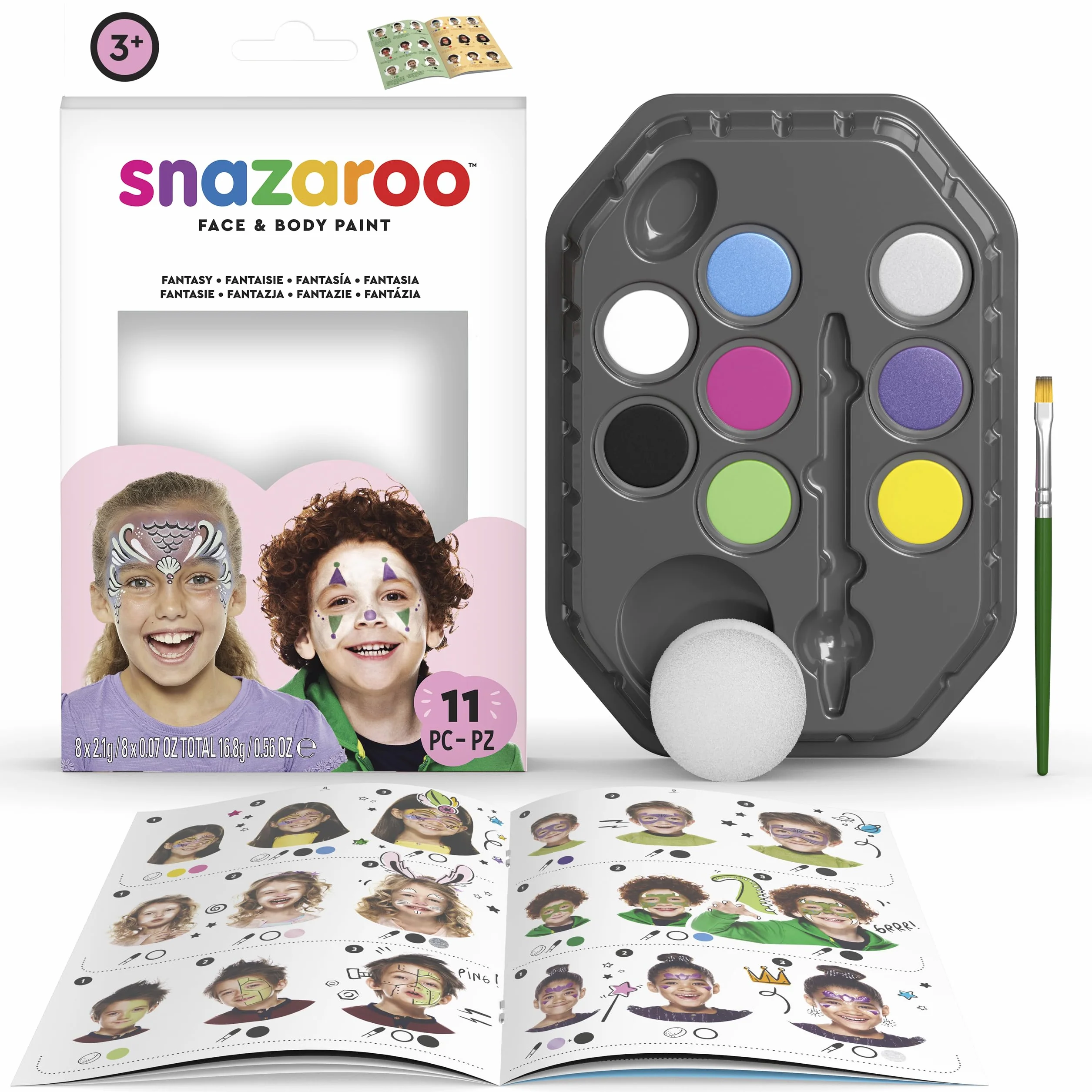 Snazaroo Zestaw do makijażu dla dziewcząt, paleta do makijażu z pędzlem, gąbką i instrukcją (może nie być dostępna w języku polskim), 8 kolorów