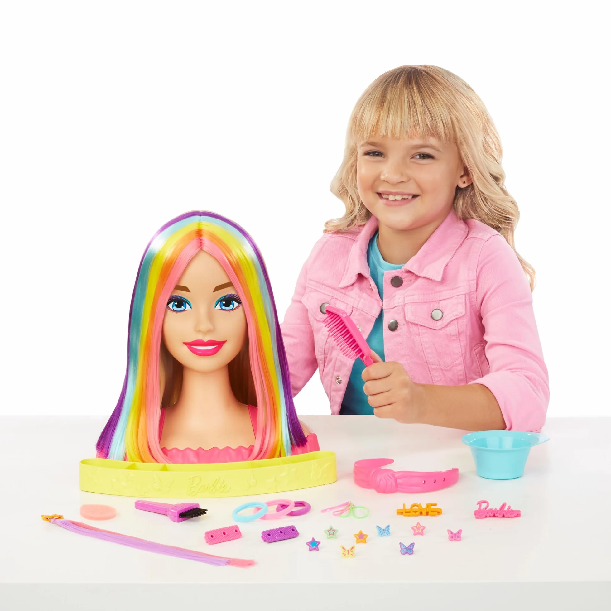 Barbie Totally Hair Głowa do stylizacji deluxe z prostymi blond i neonowo-tęczowymi włosami + akcesoria Color Reveal, HMD78