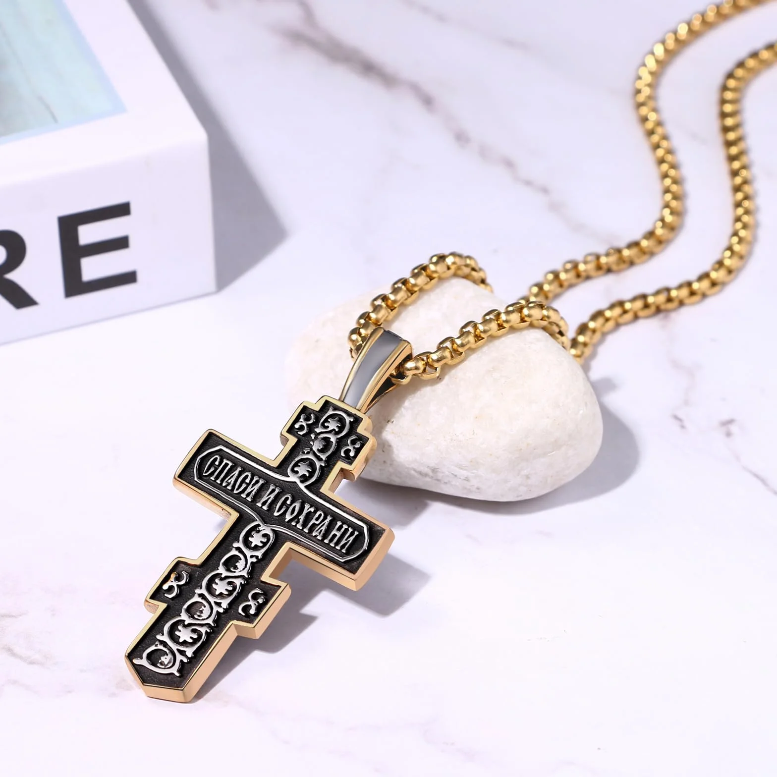 JewelryWe Biżuteria męska zawieszka łańcuszek ze stali nierdzewnej duży katolicki Jezus Chrystus INRI krucyfiks krzyż wisiorek z łańcuszkiem weneckim 55 cm srebrny/złoty