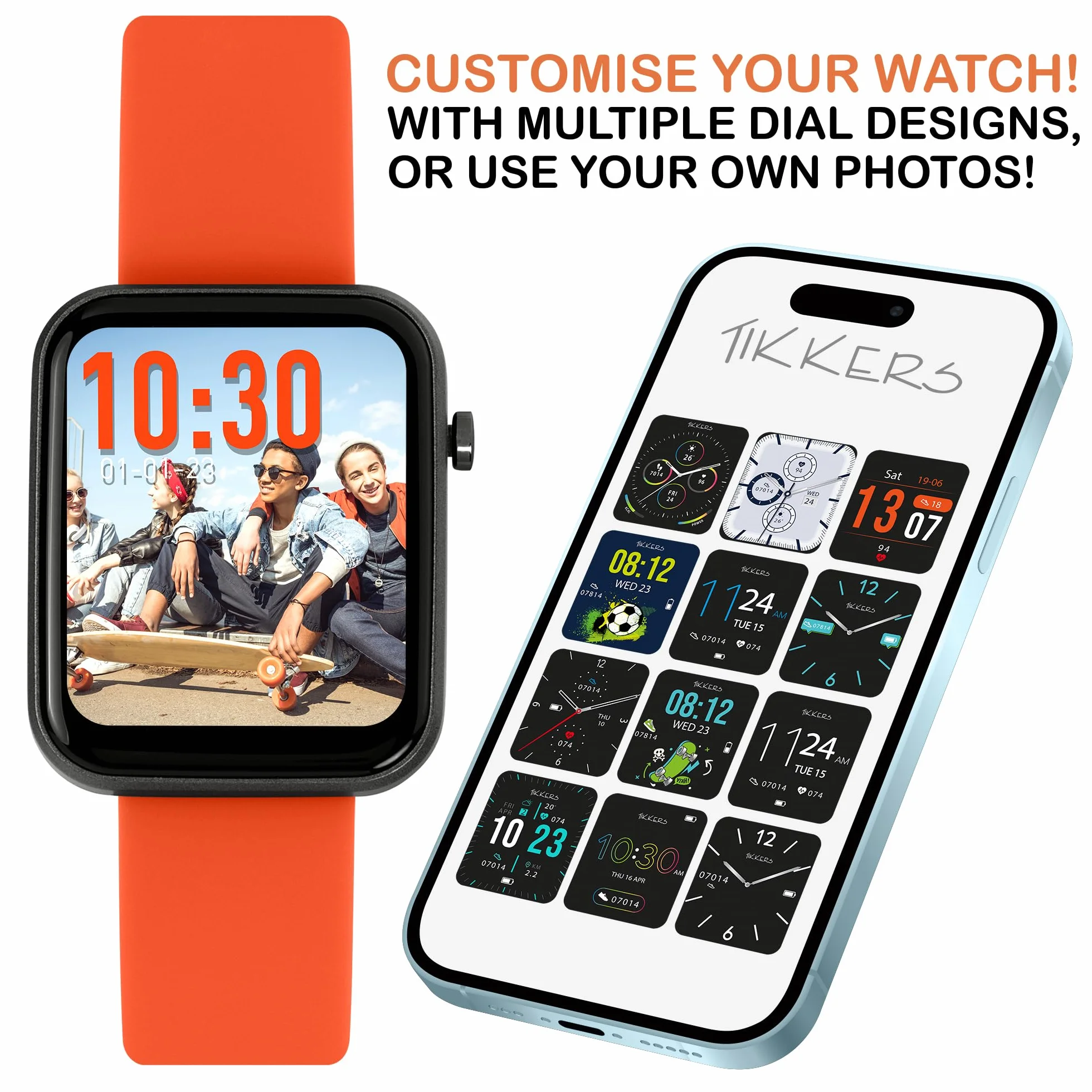 Tikkers Kids Series 13 Smart Watch z trackerem fitness, budzikiem, kamerą, połączeniem GPS, pulsometrem, licznikiem kroków, ekranem dotykowym, pomarańczowym paskiem silikonowym, pomarańczowy, Jeden