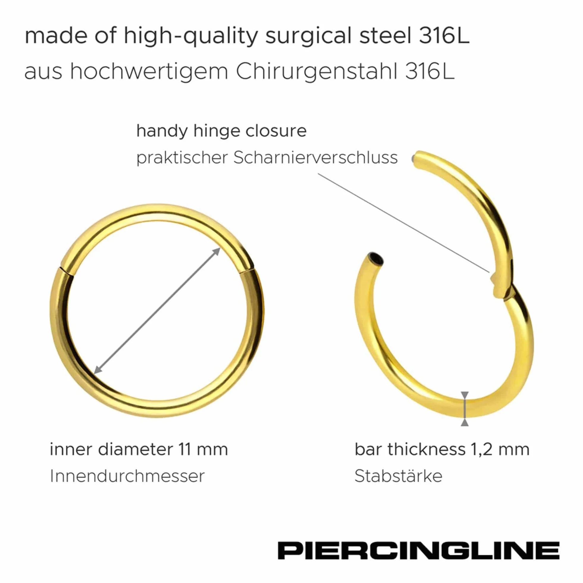 PIERCINGLINE Kolczyk segmentowy typu clicker ze stali chirurgicznej – piercing w kolorze złotym, srebrnym, różowym, czarnym lub niebieskim – do nosa, przegrody nosowej, ucha, helix lub tragus