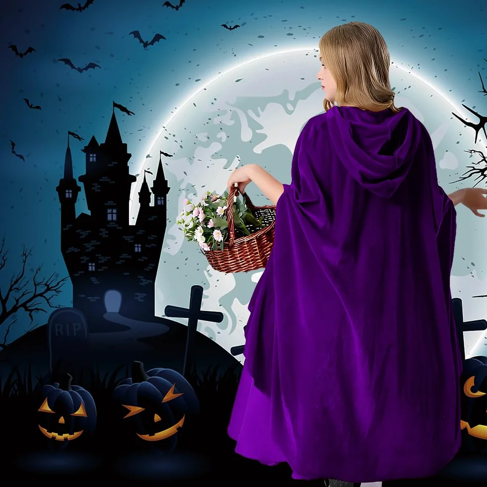 AOOWU Halloweenowa peleryna z kapturem, czarownica, akcesoria do cosplay, kostium dla dzieci, ponury żniwiarz, peleryna, długi płaszcz dla wampira, na Halloween, imprezę rodzinną, fantazyjny kostium,