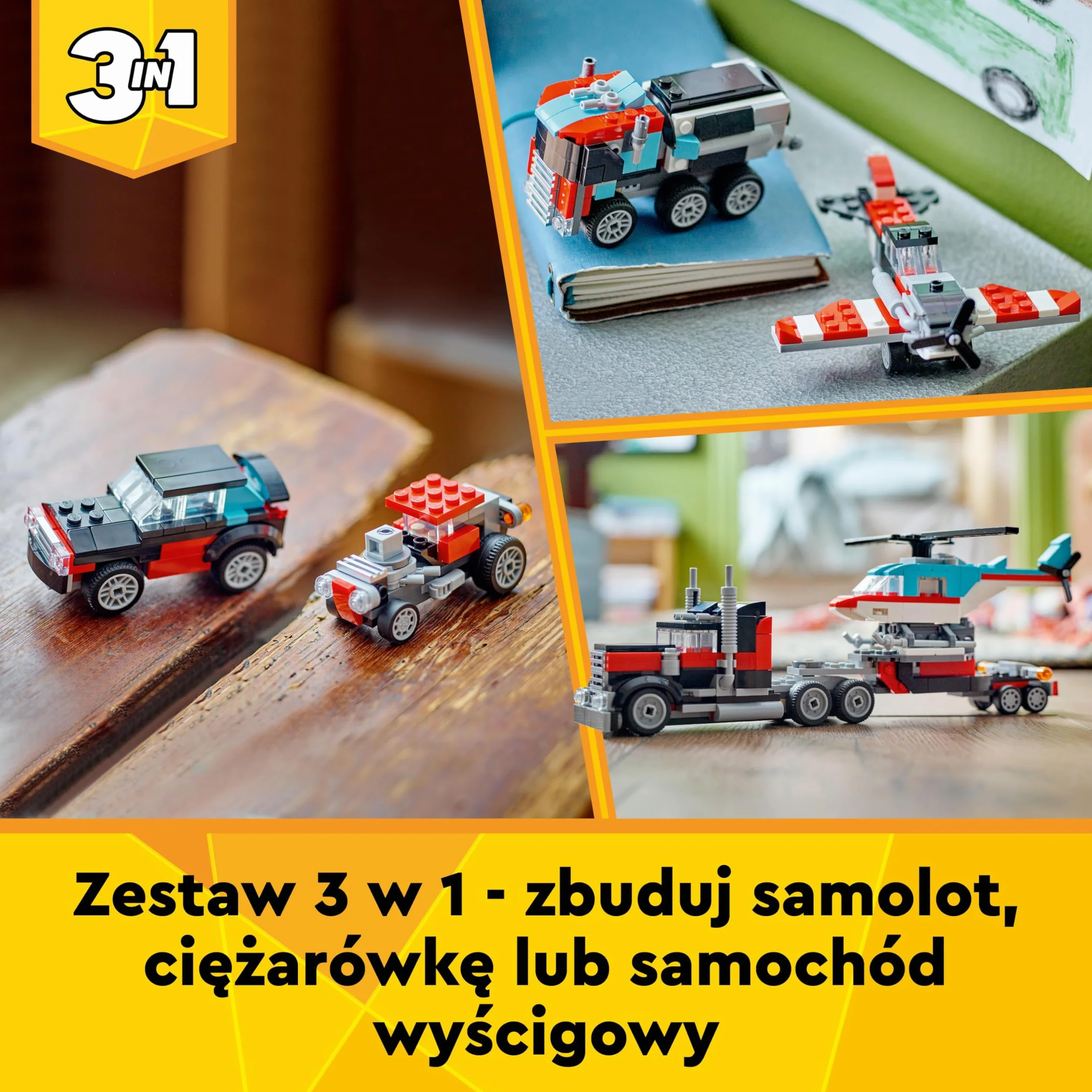 LEGO Creator 3w1 Ciężarówka z platformą i helikopterem do przebudowania na śmigłowiec i cysternę oraz w hot roda i SUV-a, zabawka i prezent dla dzieci, dla 7-latka, chłopca i dziewczynki, 31146