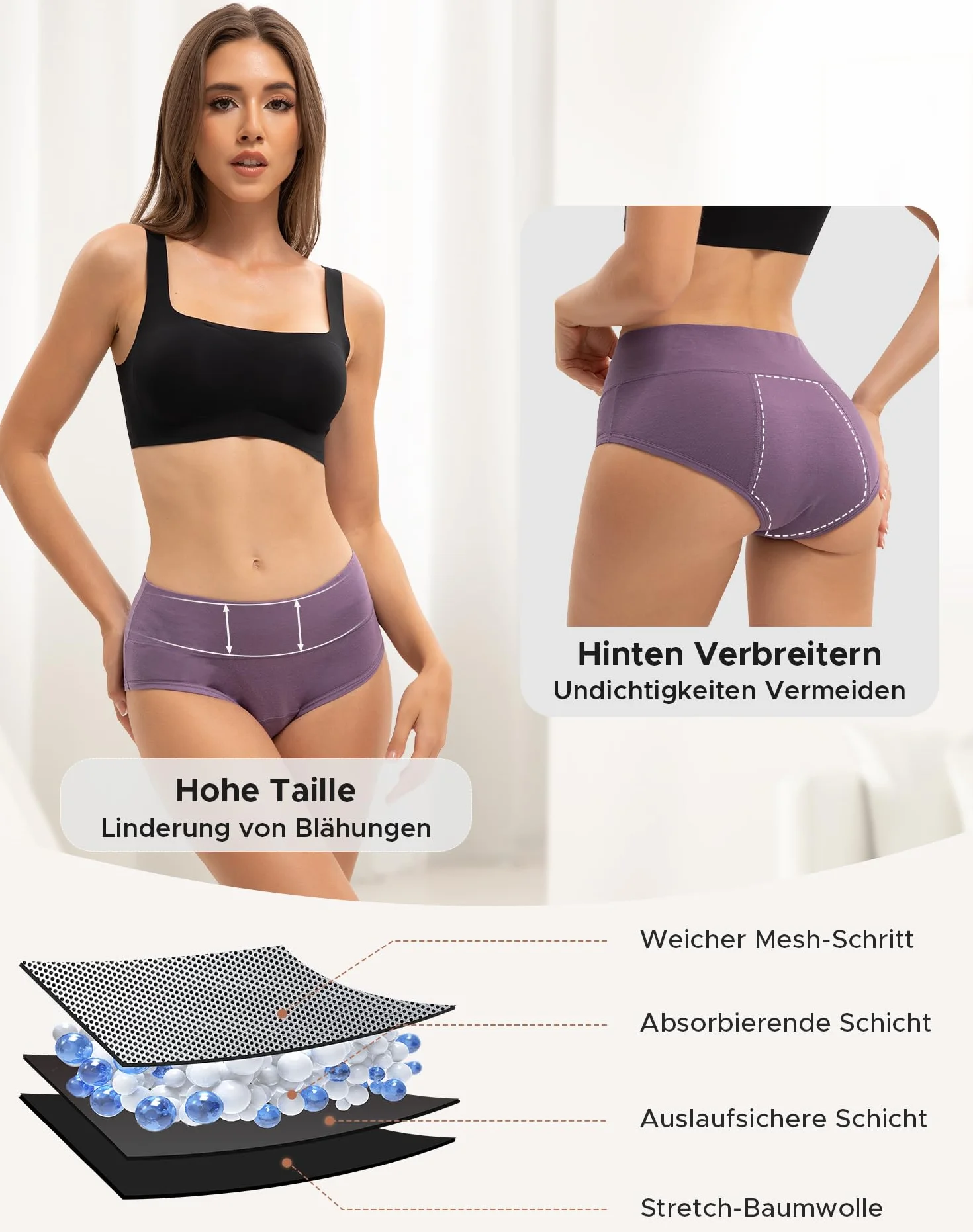 INNERSY Majtki menstruacyjne damskie z wysokim stanem, z wysoką talią, majtki menstruacyjne, 3 szt