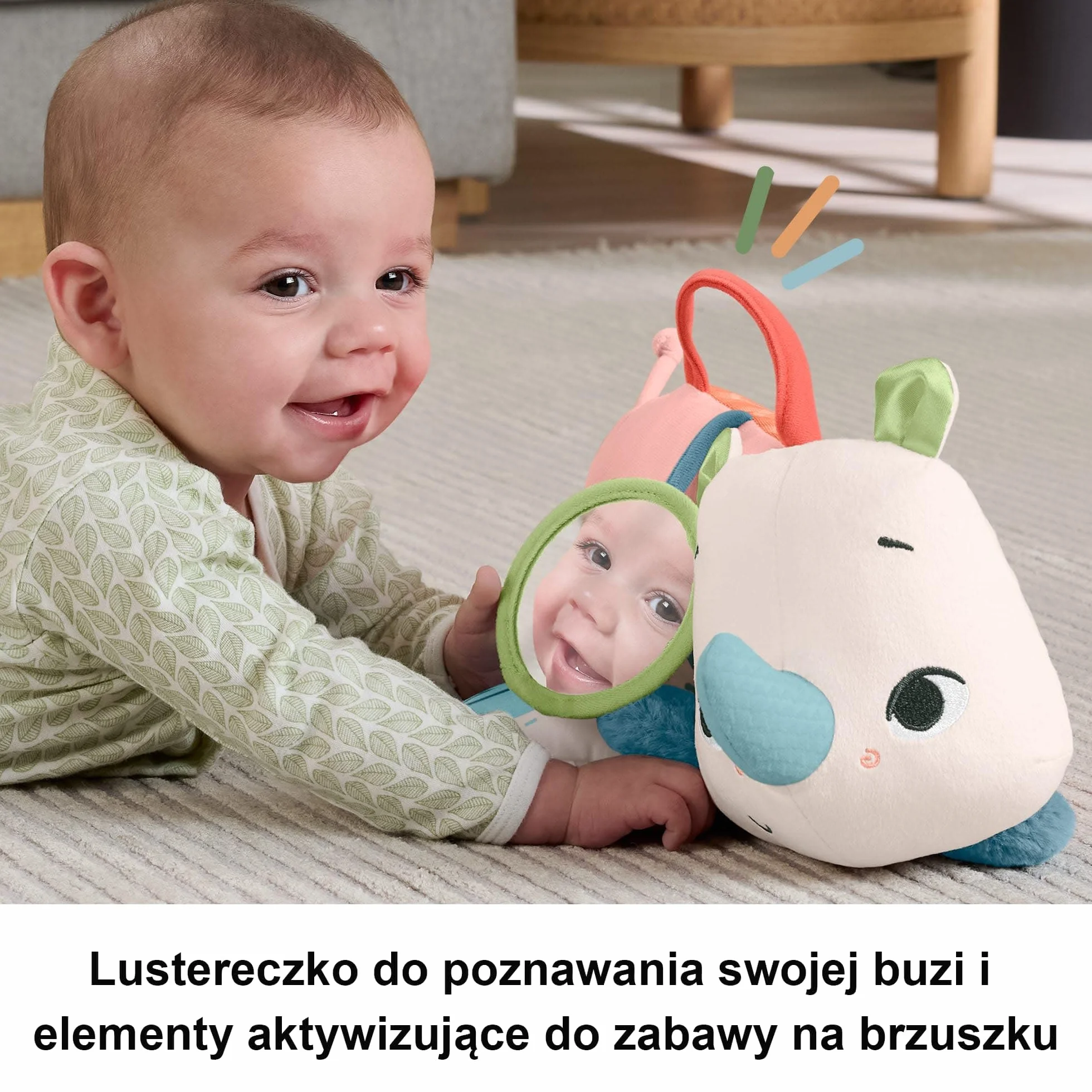 Fisher-Price Planet Friends Nosorożec aktywizujący Miękka zabawka sensoryczna do zabawy na brzuszku dla dzieci od narodzin, HYR55