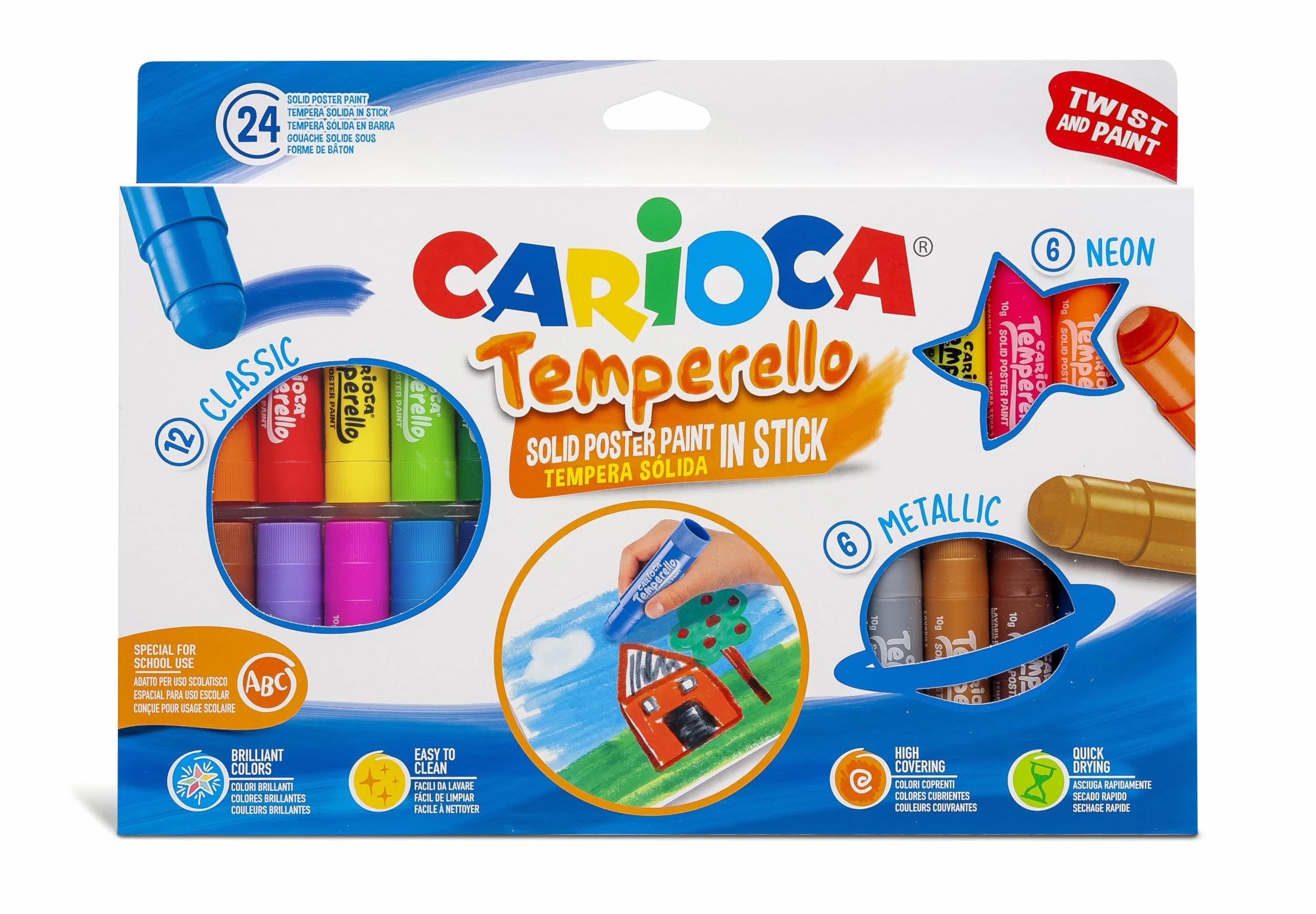 CARIOCA Temperello, zmywalne temperamenty dla dzieci, w sztyfcie do farbowania na papierze, tekturze, drewnie i tekturze, bez rozpuszczalników, klasycznych, neonowych i metalicznych, 24 szt