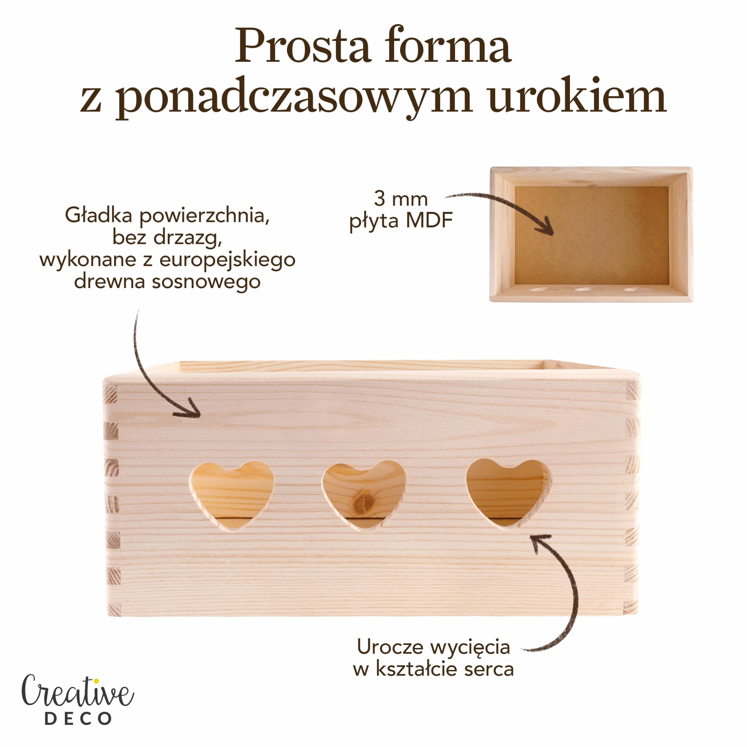 Creative Deco Drewniana Skrzynia do Przechowywania Niepomalowana | 30 x 20 x 13 cm (+/- 1 cm) | z Otworami w Kształcie Serca | Pudełko na Prezent, Wielkanoc, Zabawki, Kosz Upominkowy, do Dekoracji