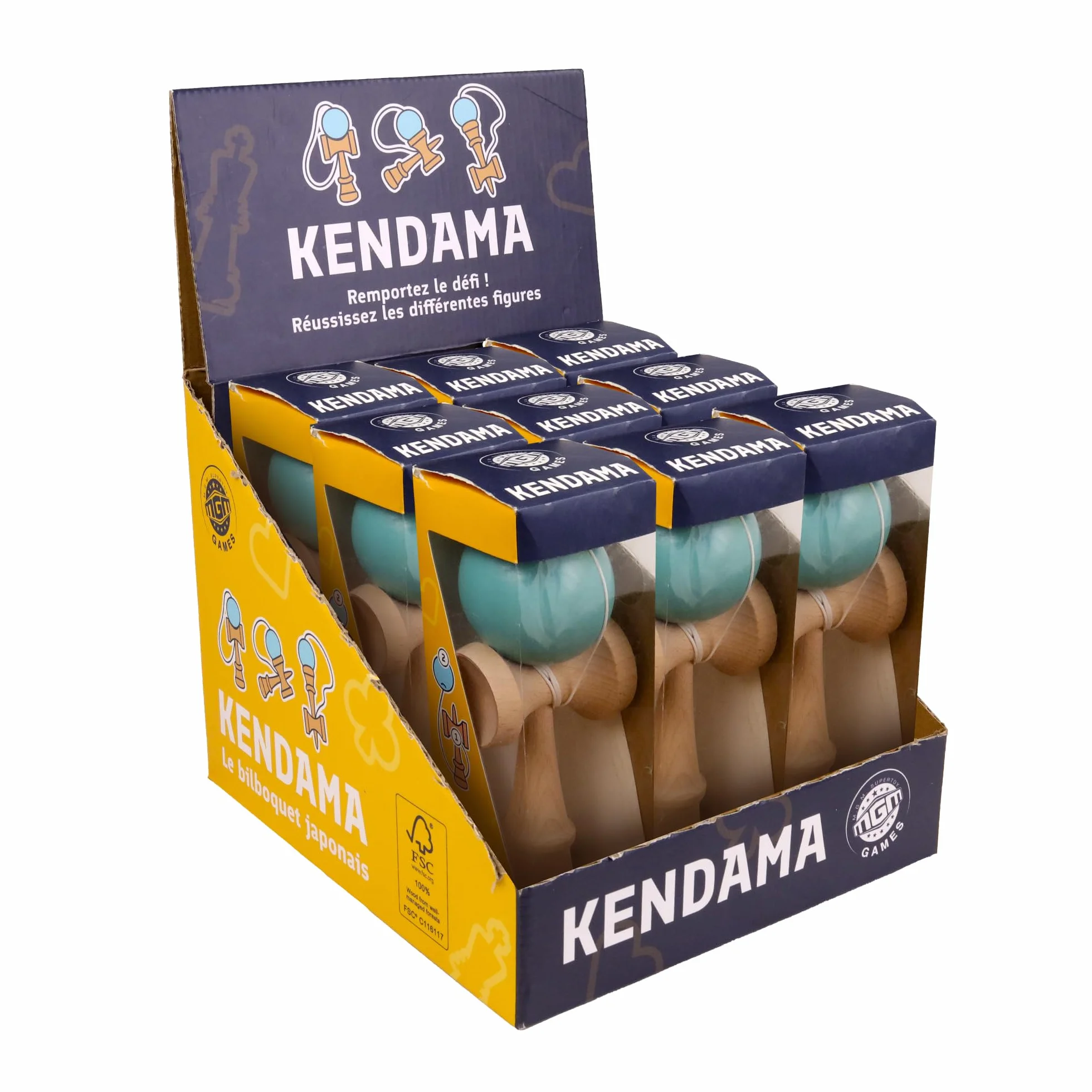 MGM GAMES - Bilboquet Kendama - Niebieski - 030260 - Gra zręcznościowa - Drewno FSC - Zabawka z drewna - Koordynacja - Bez ekranu - Tradycyjna gra - Prezent - Dziecko - Dorosły