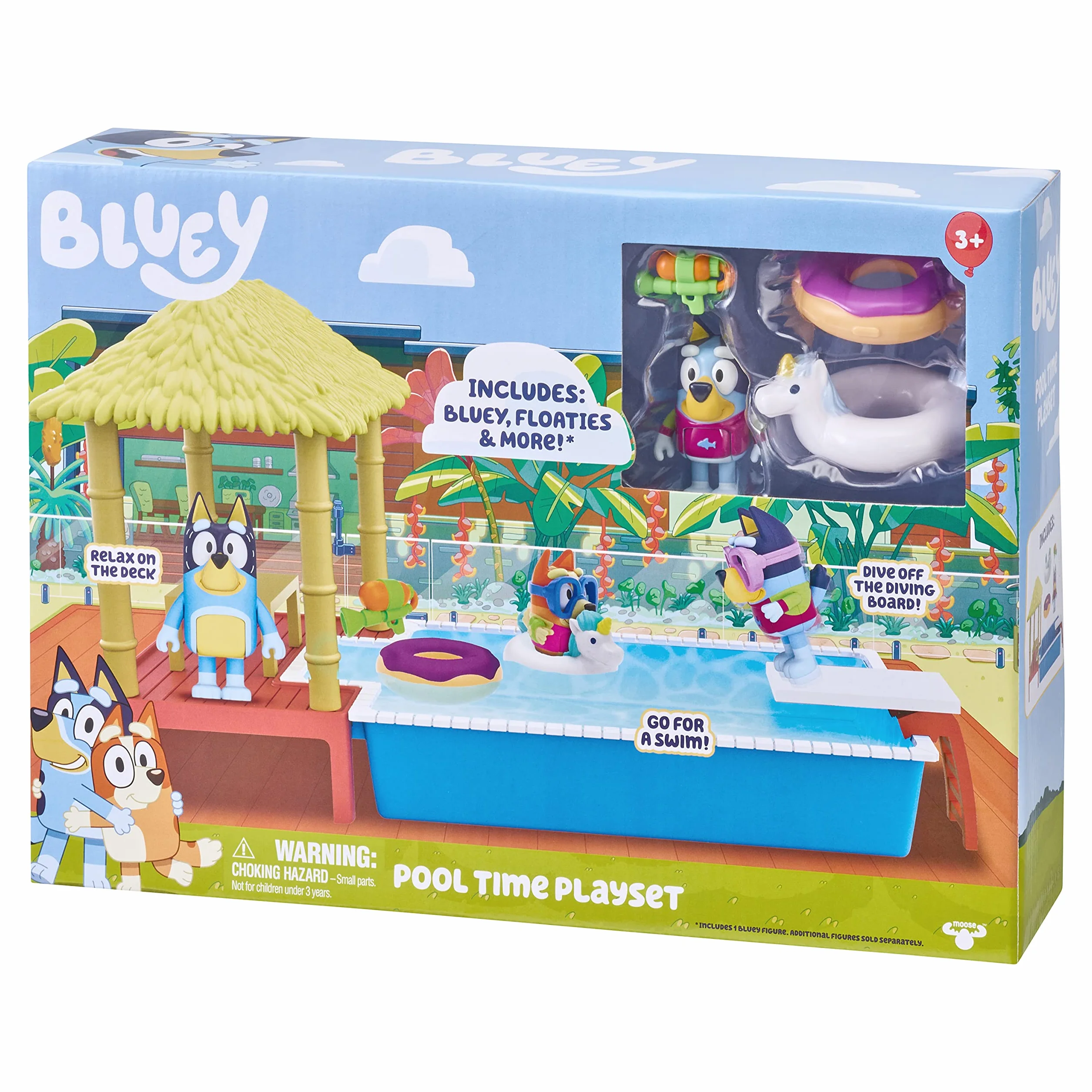 Bluey Pool Time Fun Playset: Bluey figure in Swim Suit, Pool with Diving Board and Deck and 4 Pool Accessories