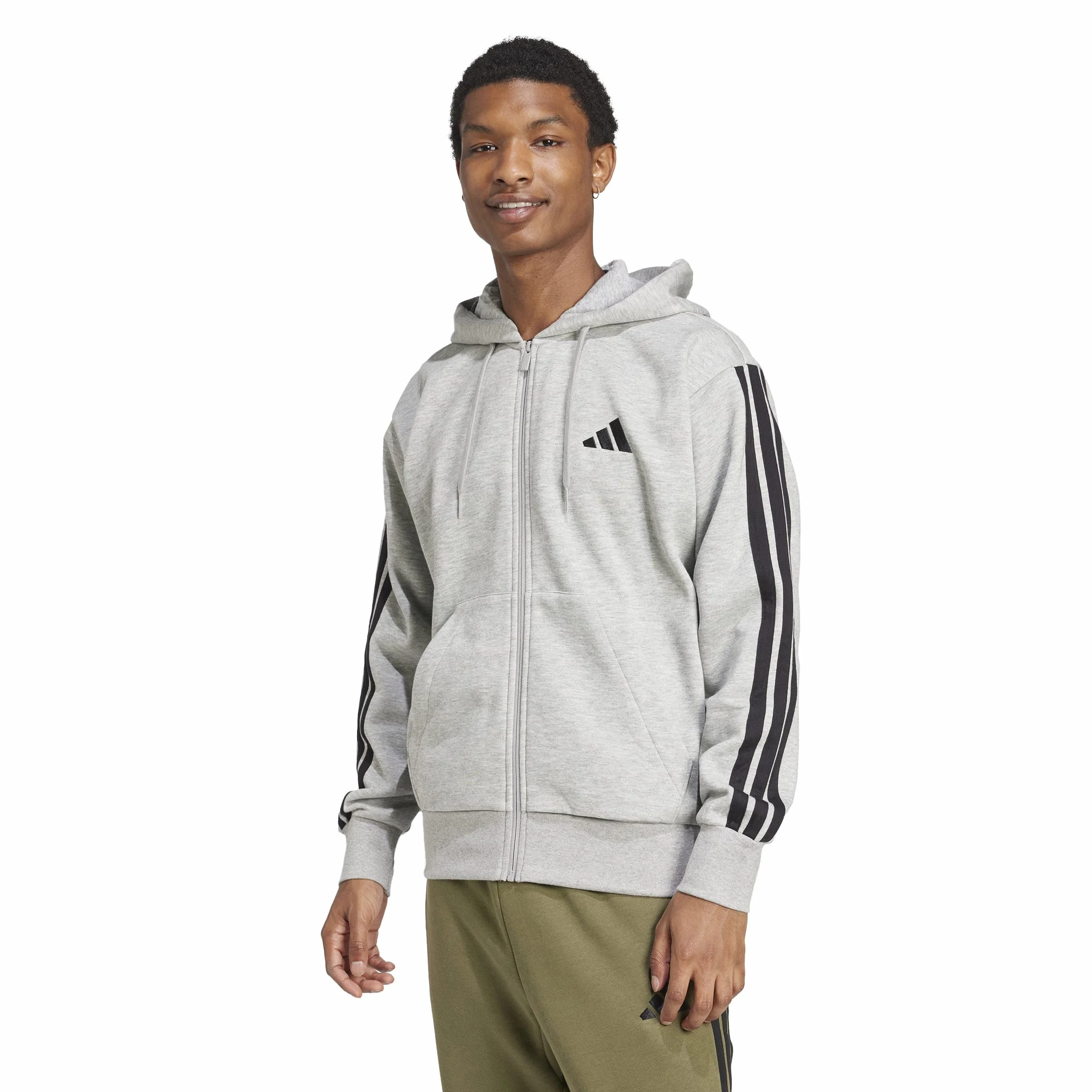 adidas Mężczyźni ESSENTIAL THREE STRIPES FLEECE ZIPPER HOODIE, medium grey heather/black, M