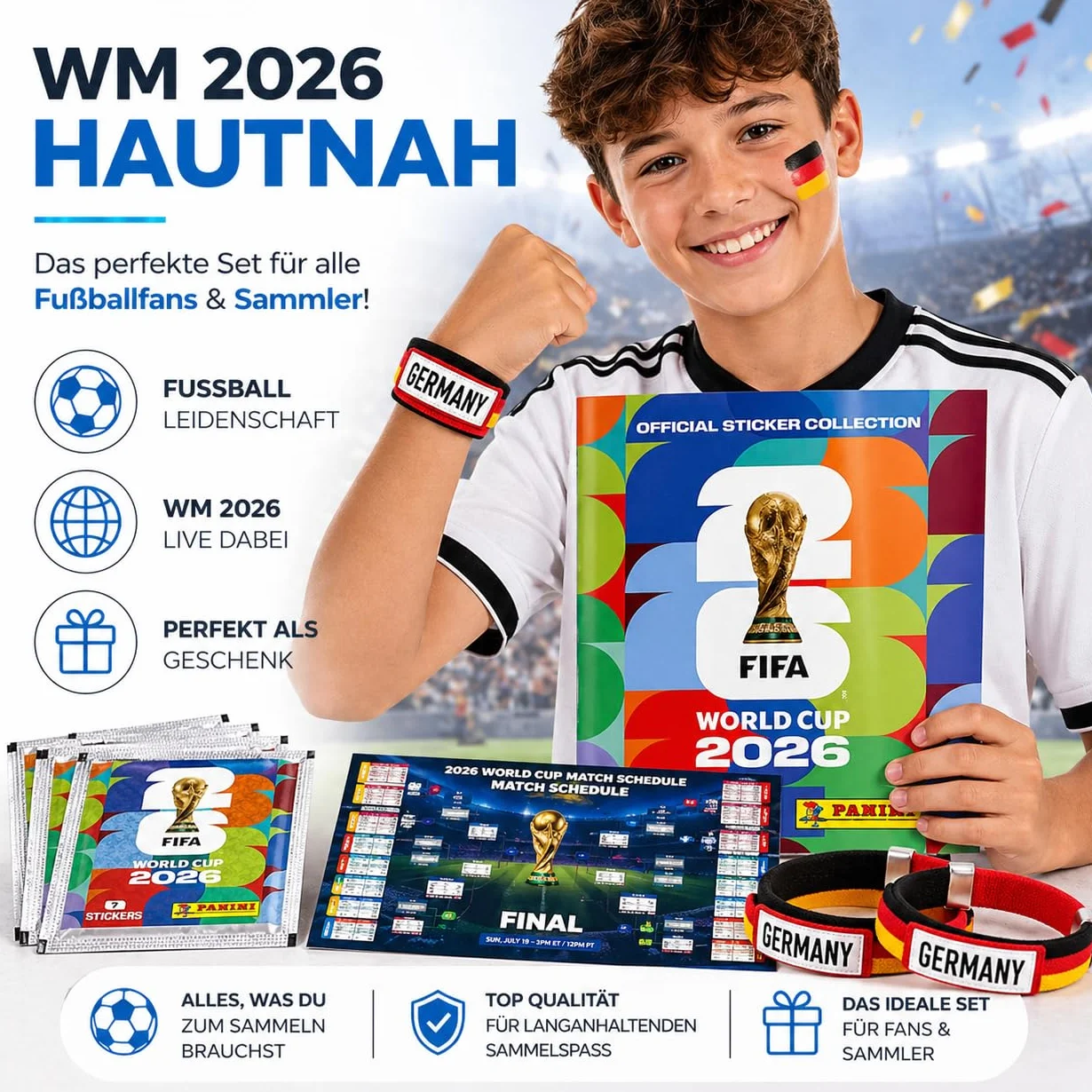 Panini WM 2026 zestaw naklejek i albumów – Mistrzostwa Świata 2026 – piłka nożna – z łańcuszkiem z kwiatów – album – plan meczów (1 torba/13 naklejek)
