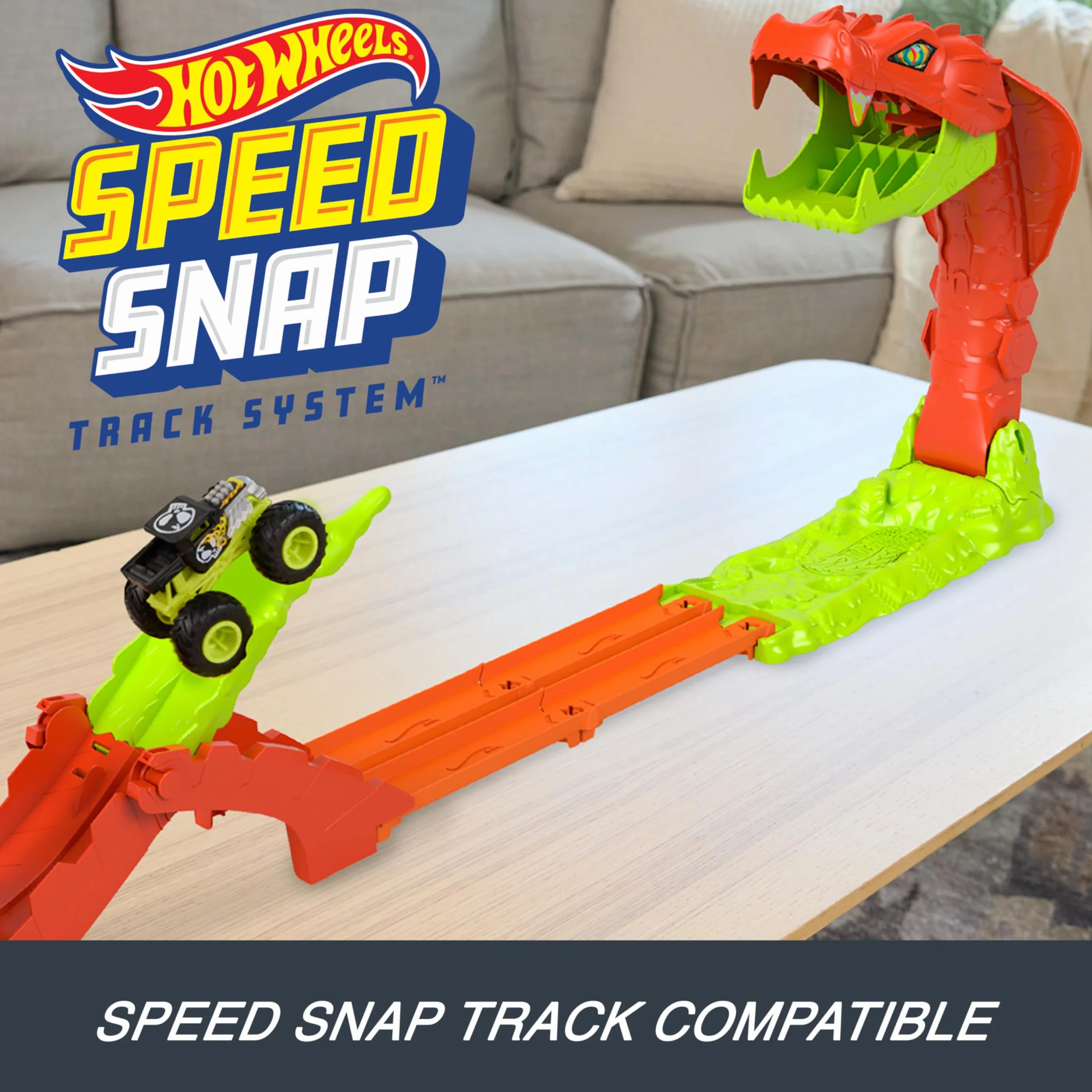 Hot Wheels Monster Trucks Mega skok – Nokaut węża Zestaw, pojazd zabawka auto Bone Shaker w skali 1:64, tor wyścigowy, zabawka dla dzieci 4+, JJN44